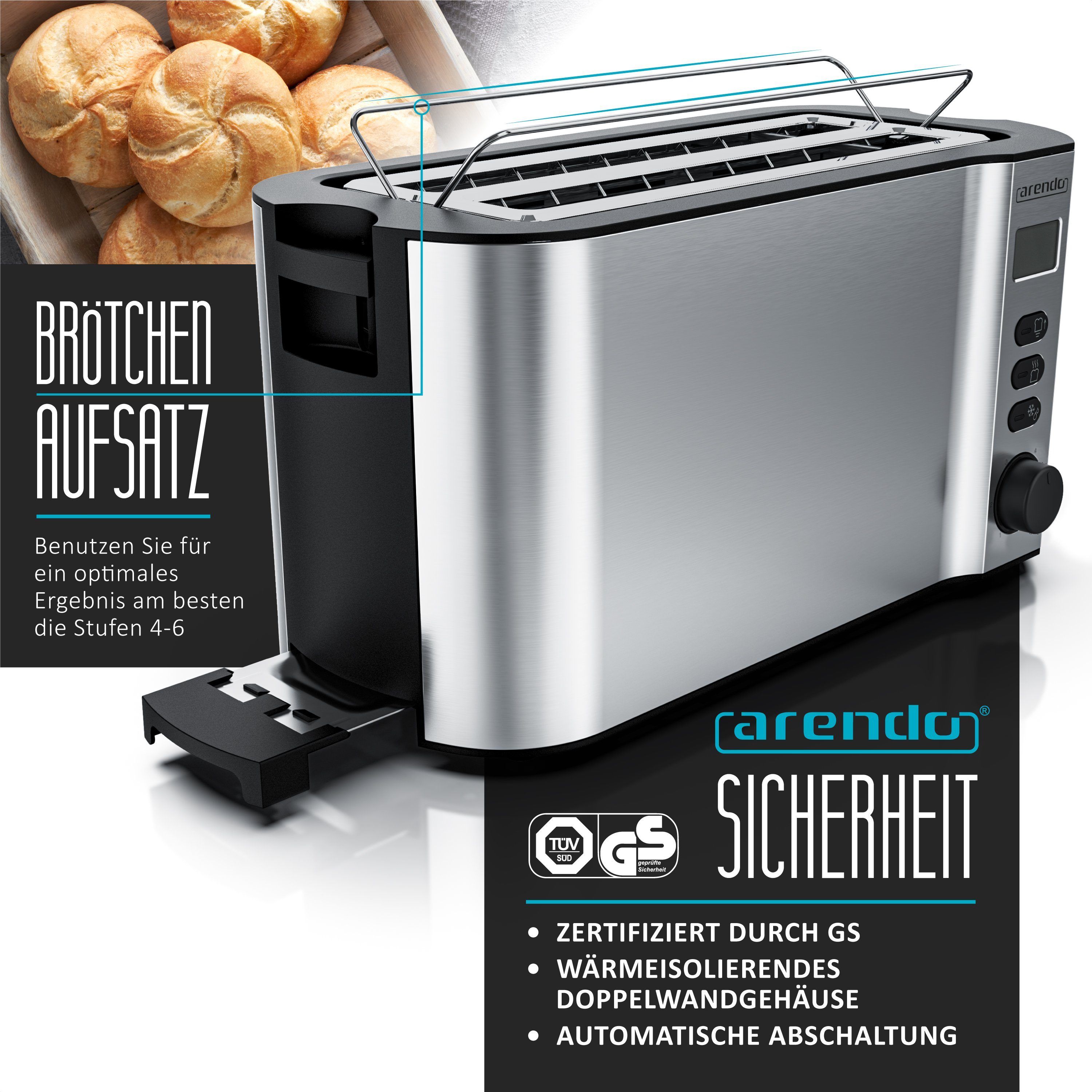 Arendo Toaster Langschlitz, Edelstahl, Display mit Restzeitanzeige, Krümelschublade, 2 lange Schlitze, für 4 Scheiben, 1500 W, Defrost Funktion, Wärmeisolierendes Gehäuse, mit Brötchenaufsatz