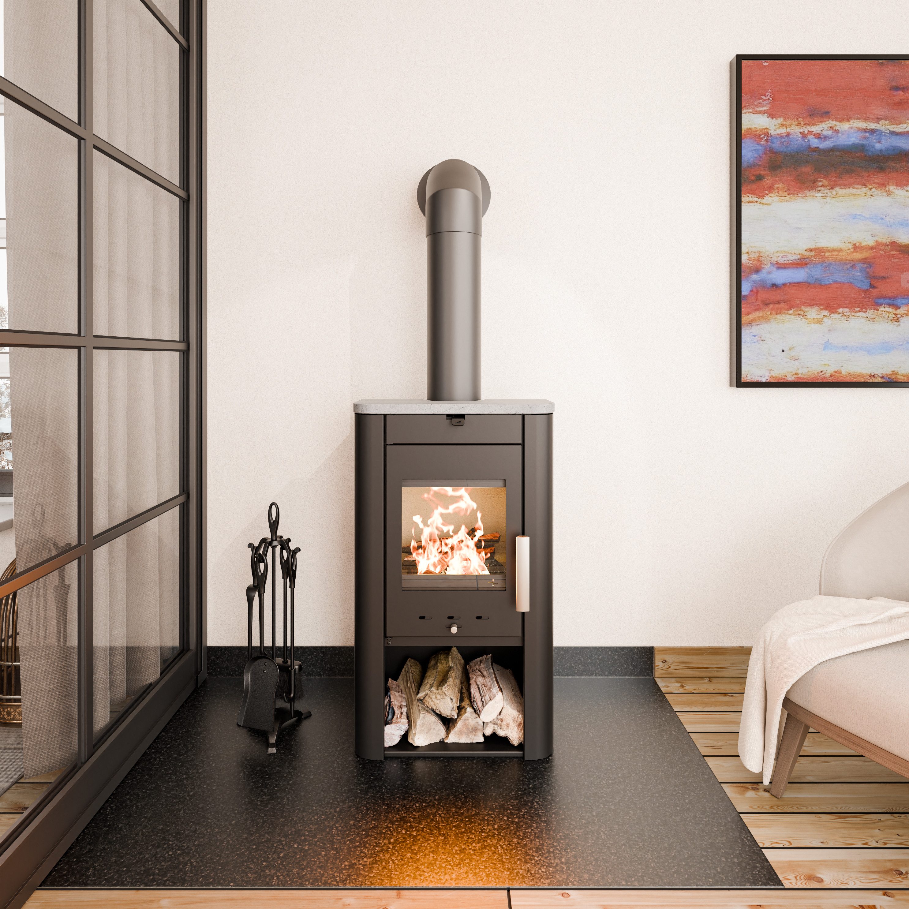 Haas + Sohn Kaminofen PRUNUS II Stein tief-schwarz, Serpentino mit Holzfach, 6,4 kW, Zeitbrand