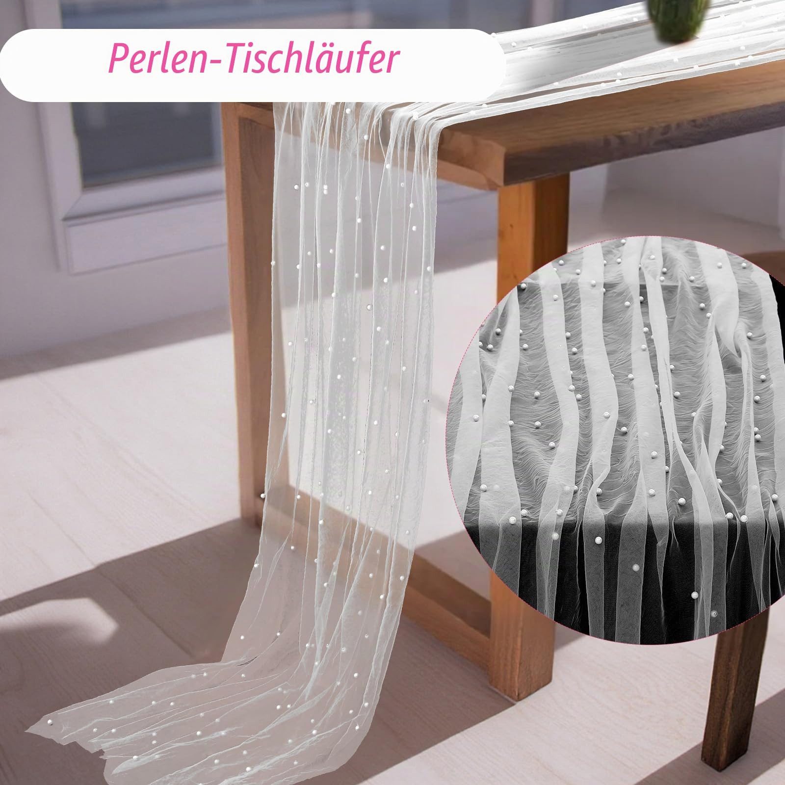FOUORTUNATE-BEE Tischläufer Tischläufer aus Tüll mit Perlen 75 x 300 cm, Perlentüll Tischdecke (Tüllstoff Netz Tischband Tischdekoration für Hochzeit, Brautpart – Bild 2 von 5