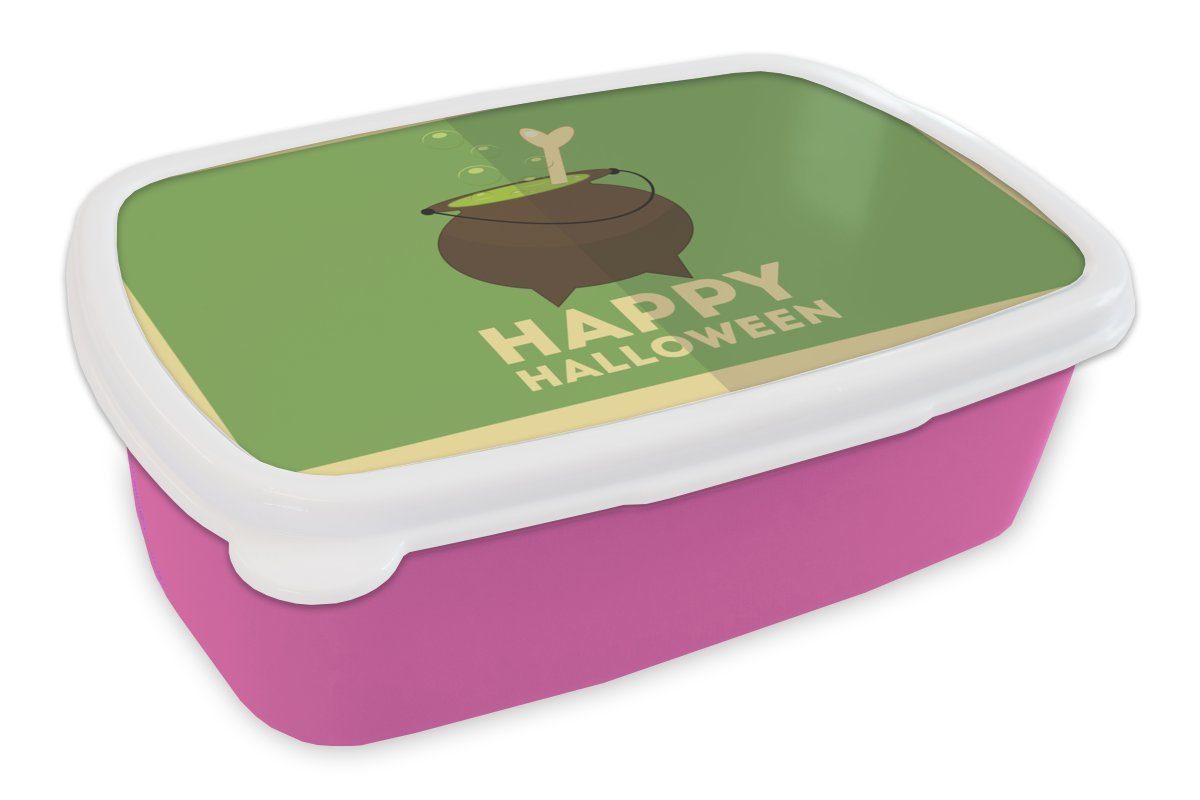 MuchoWow Lunchbox Happy Halloween" und ein Hexenkessel und Knochen auf grünem, Kunststoff, (2-tlg), Brotbox für Erwachsene, Brotdose Kinder, Snackbox, Mädchen, Kunststoff rosa