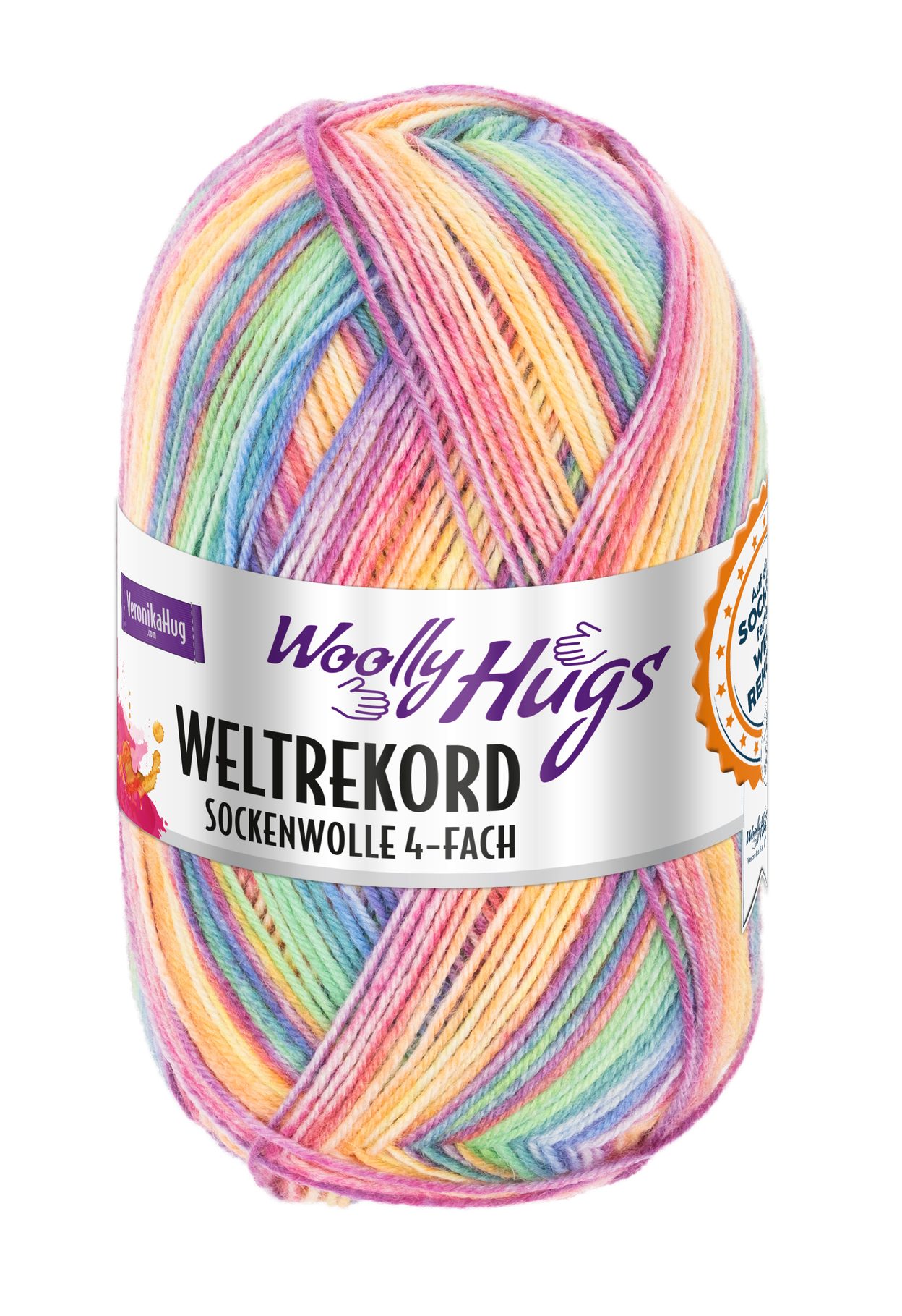 Woolly Hugs Weltrekord Sockenwolle 4fach, zum stricken und häkeln, 100g, Häkelwolle, 420 m (100g, Regenbogen Strumpfwolle, Sockengarn), 75% Schurwolle, 25% Polyamid