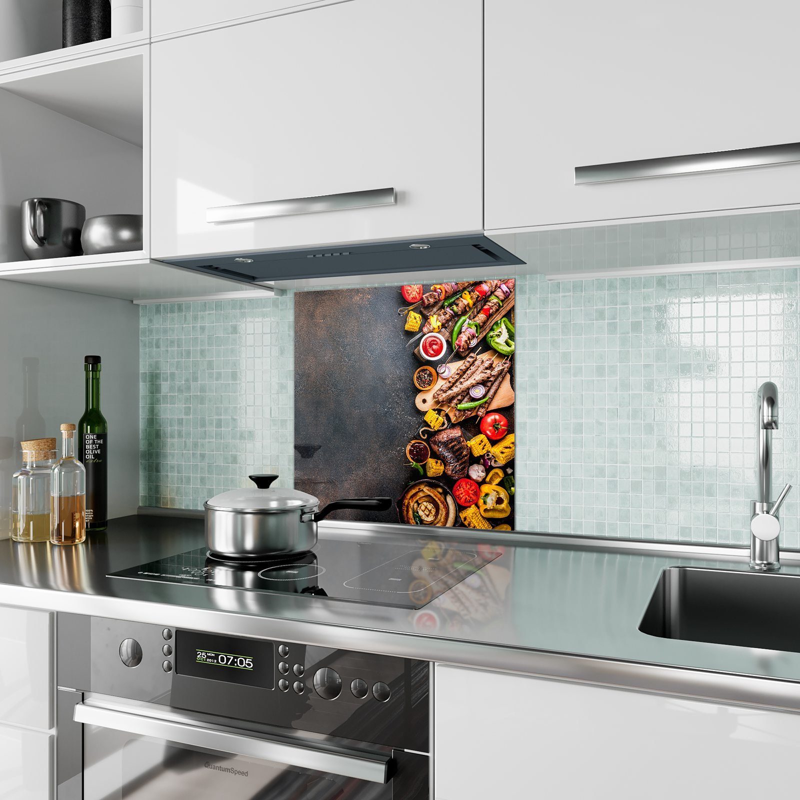 Küchenrückwand und Spritzschutz Fleisch Primedeco Küchenrückwand mit Motiv Glas Gemüse