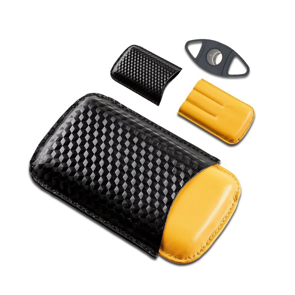 Coumo Humidor Zigarrenetui, 3er, Schwarz Gelb Design, Leder, Zigarrenschneider Set