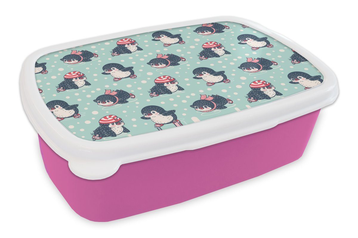 MuchoWow Lunchbox Pinguin - Schlittschuhe - Mütze - Kinder - Muster, Kunststoff, (2-tlg), Brotbox für Erwachsene, Brotdose Kinder, Snackbox, Mädchen, Kunststoff rosa