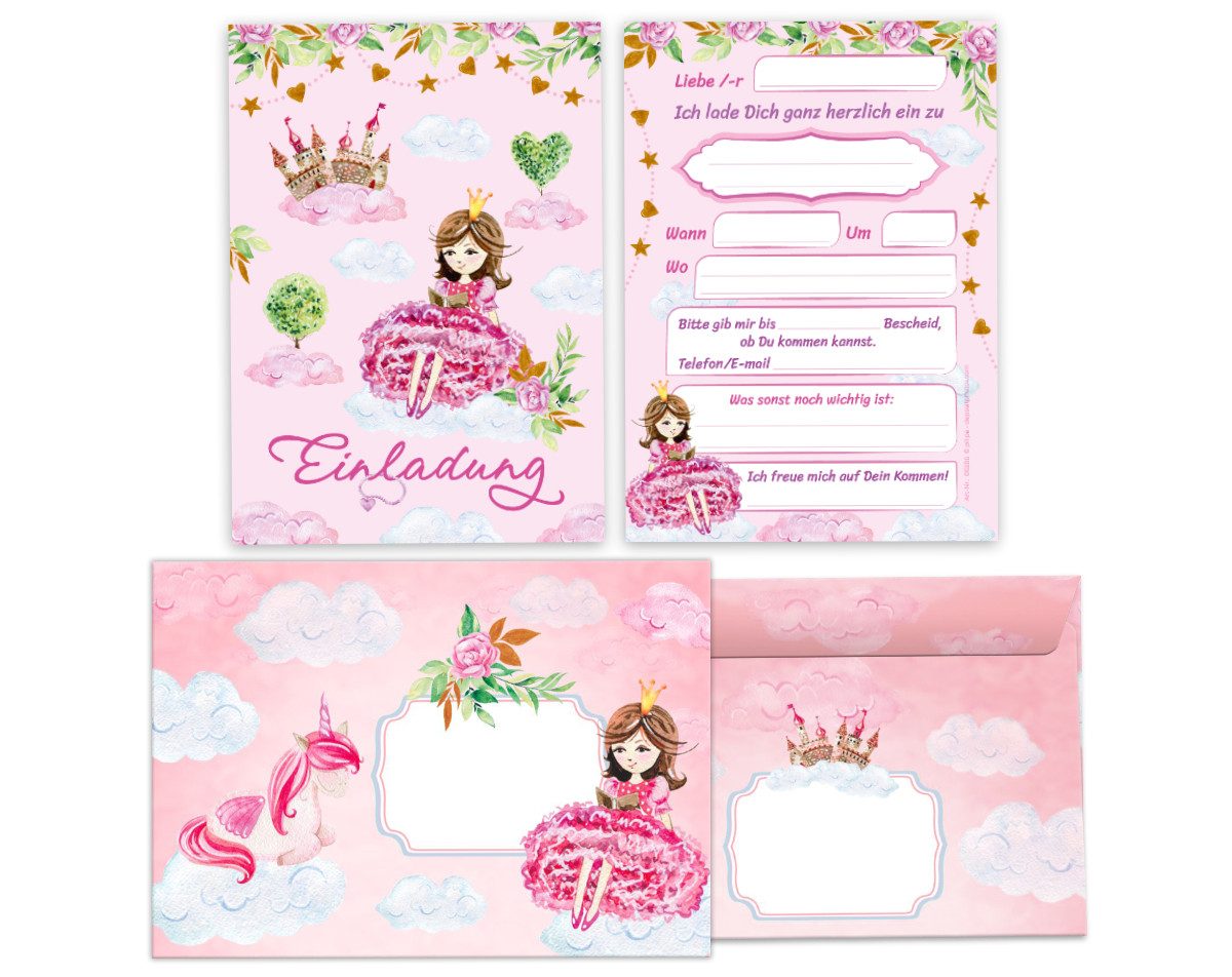 JUNAPACK Einladungskarten Prinzessin zum Kindergeburtstag Einladungen mit Umschlägen Karten, Einladungskarten mit Umschlägen zum Geburtstag Prinzessin