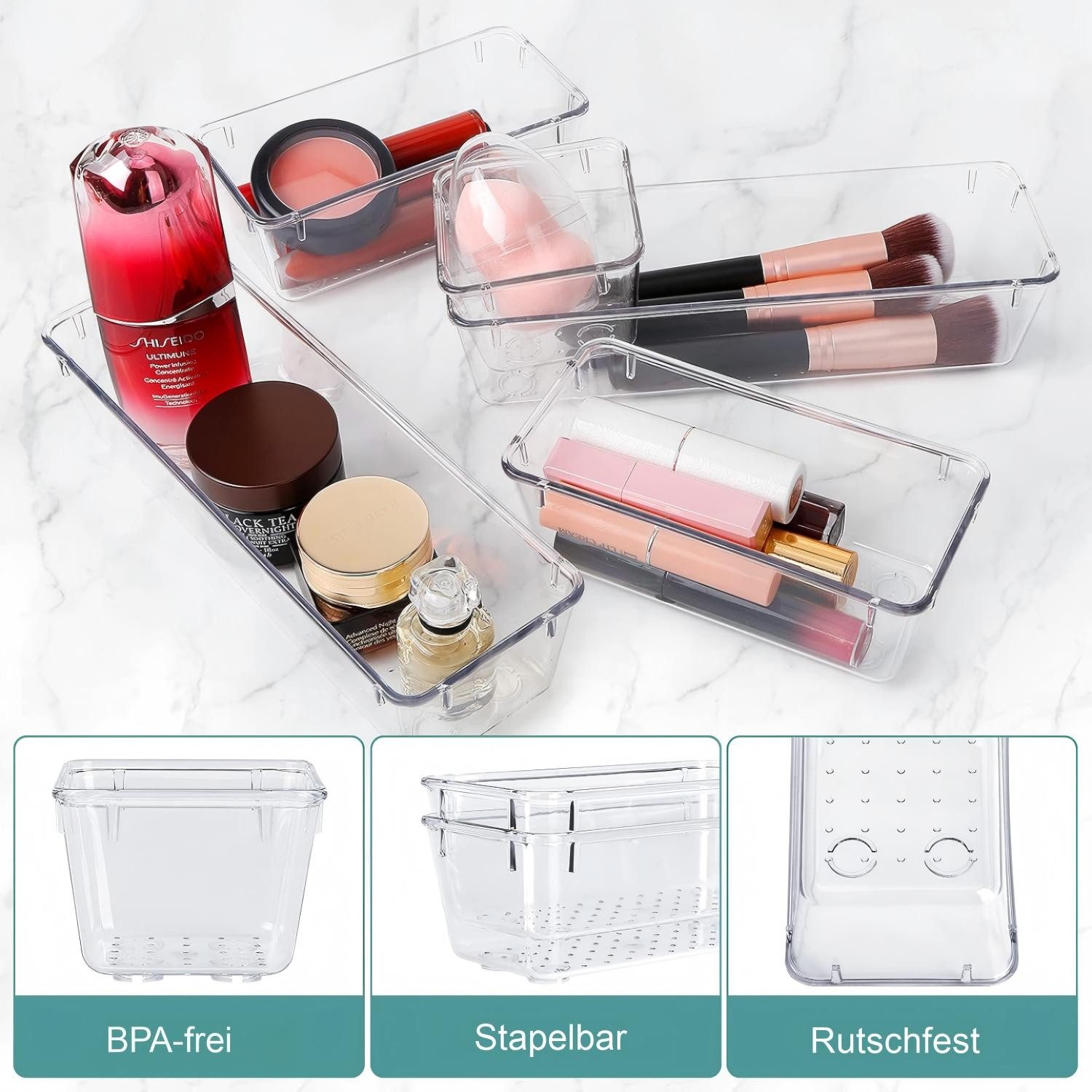 Refined Living Organizer Schubladen Organizer set, Schubladen Ordnungssystem, Aufbewahrungsbox (Make Up Organizer, 25 Stück Schubladen Organizer mit 4 Größen, Küche Organizer, Schminktisch Organizer, Organizer stapelbar, schreibtisch schubladen schubladeneinsatz, 25 St., mit Rutschfeste Unterseite, Sicher und langlebig, Einfache Reinigung), für Kosmetika, Küchen, Badezimmer, Büro, Schminktisch, Schlafzimmer