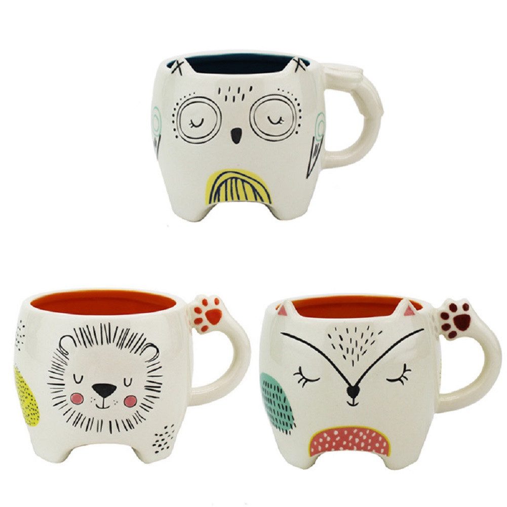 Winkee Becher Pet Art Katze Eule Löwe Kaffeebecher, Keramik, ca. 11 x 13,5 x 9,5 cm, für ca. 400 ml