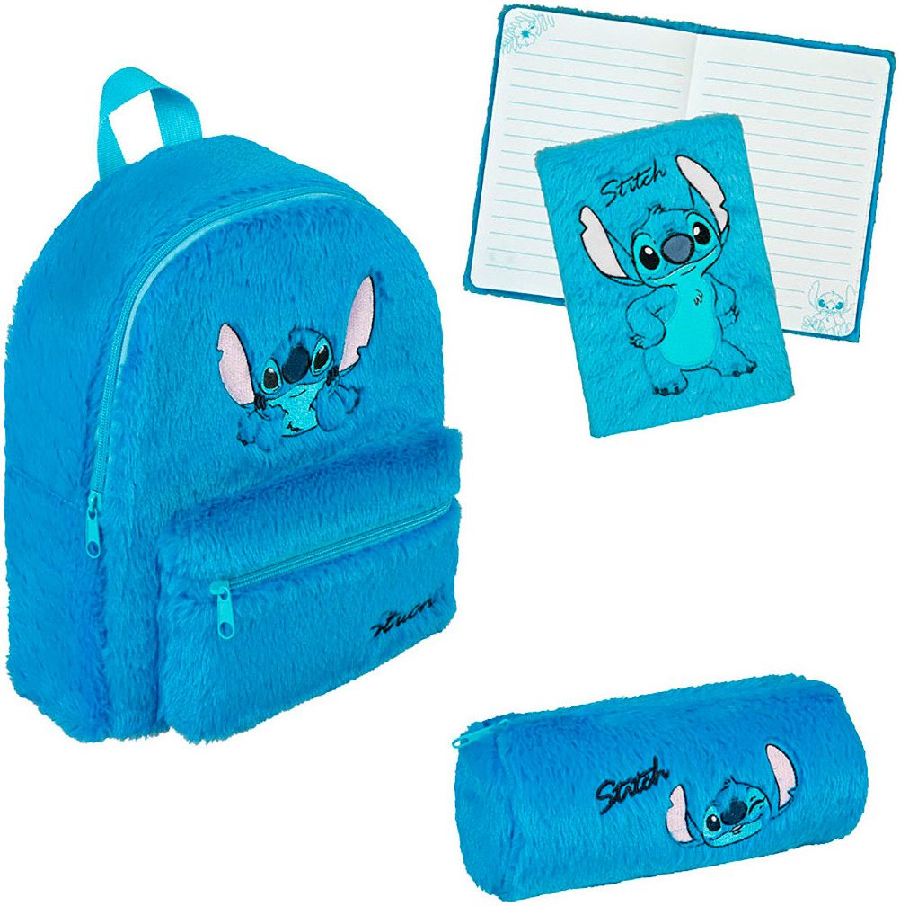 UNDERCOVER Kinderrucksack Lilo & Stitch Plüsch (Set, 3-tlg), Rucksack + Plüsch Schlamperetui + Plüsch Notizbuch A5