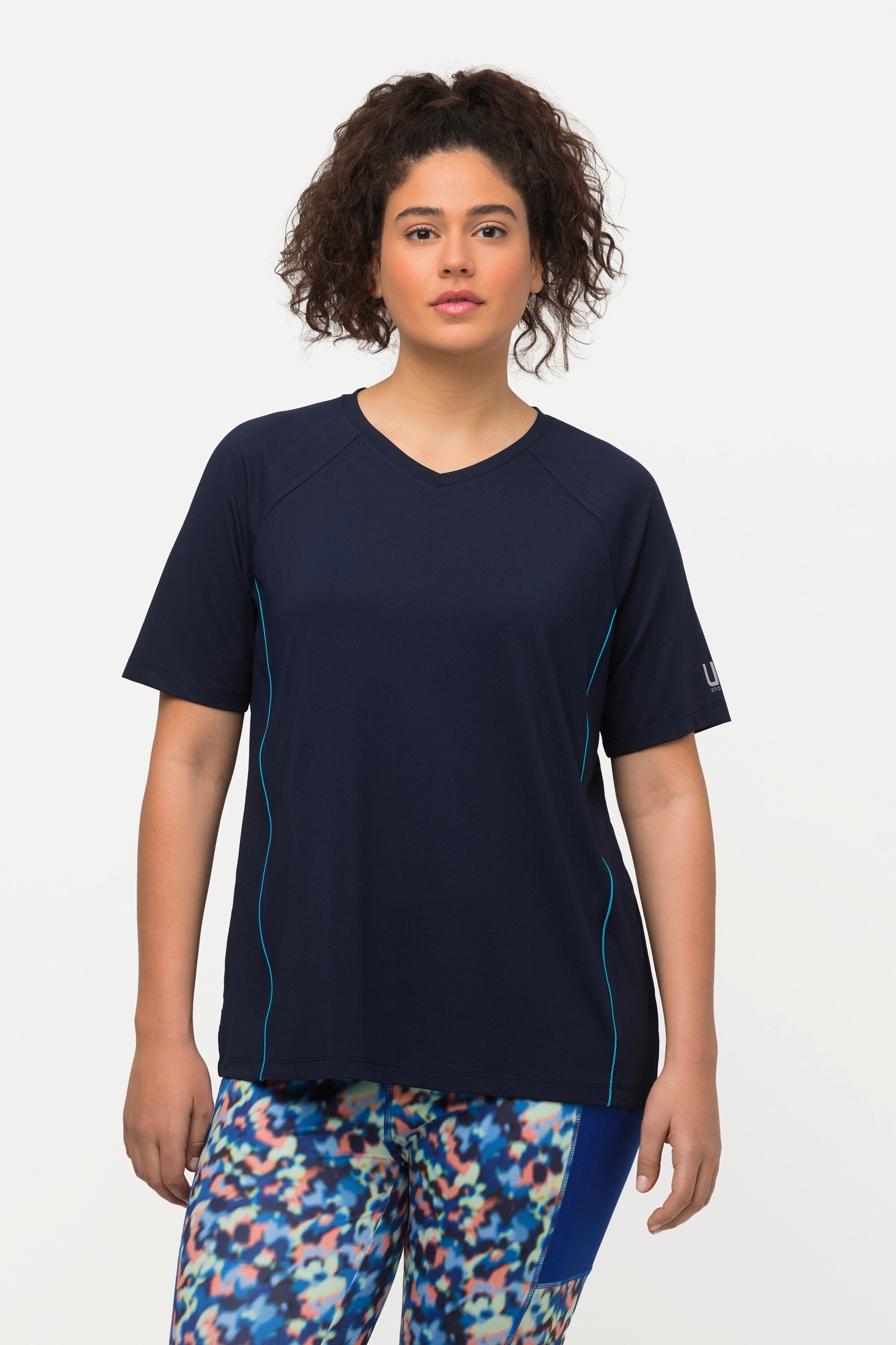Ulla Popken Rundhalsshirt T-Shirt UV-Schutz 50+ V-Ausschnitt Halbarm marine | V-Shirts