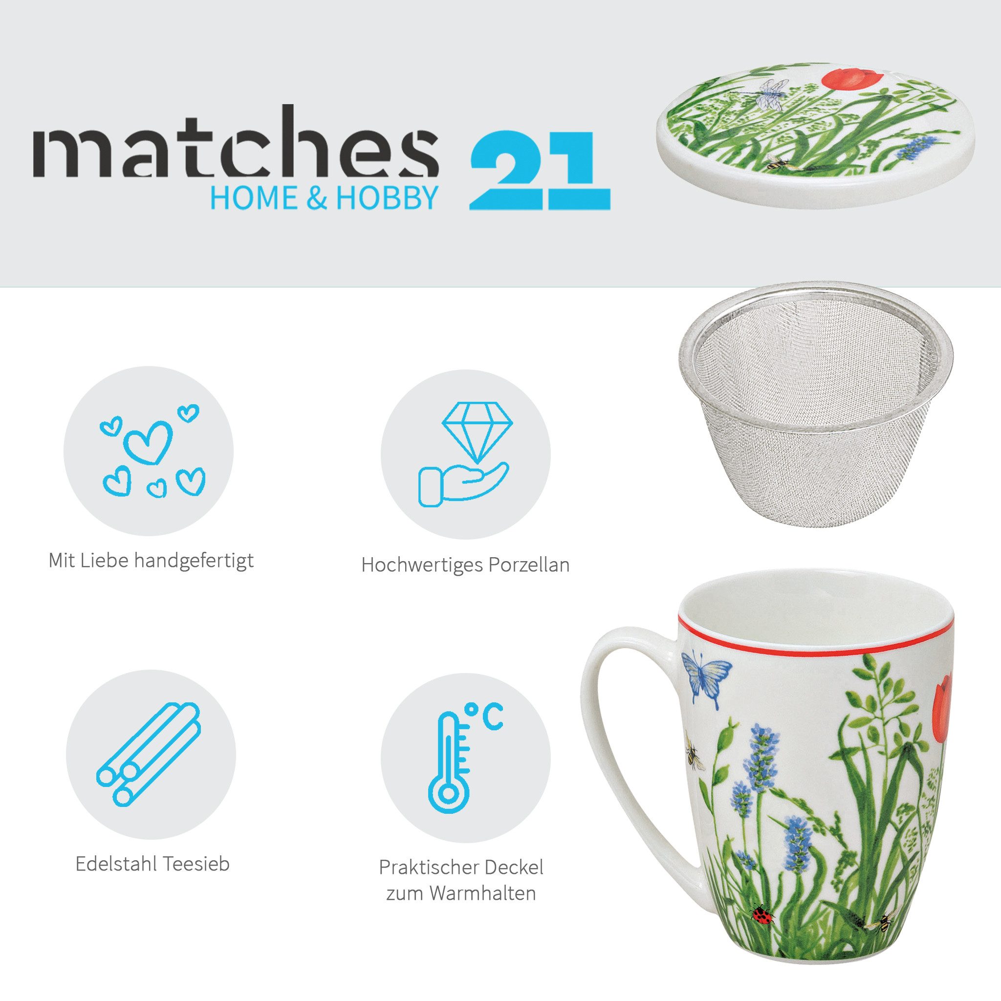 matches21 HOME & HOBBY Tasse Teetassen 2er Set mit Deckel und Teesieb Blumen Mohn, 2-tlg., Porzellan, Tee Kaffee-Becher Kaffeetassen, klassisch, bunt, 300 ml – Bild 2 von 5