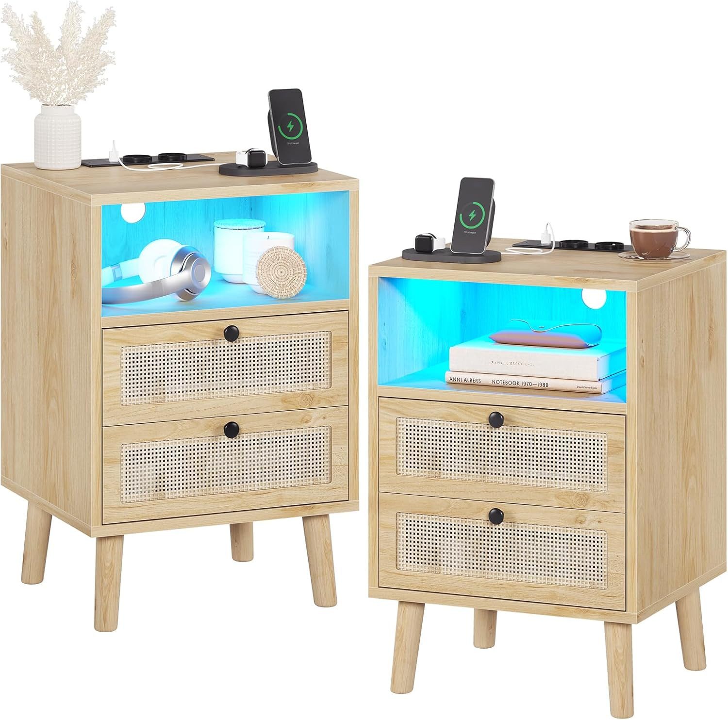 MSMASK Nachttisch Rattan, Naturfarben mit 2 Schubladen, 40x35x60cm (2-St), mit USB-Ladestation & LED-Beleuchtung