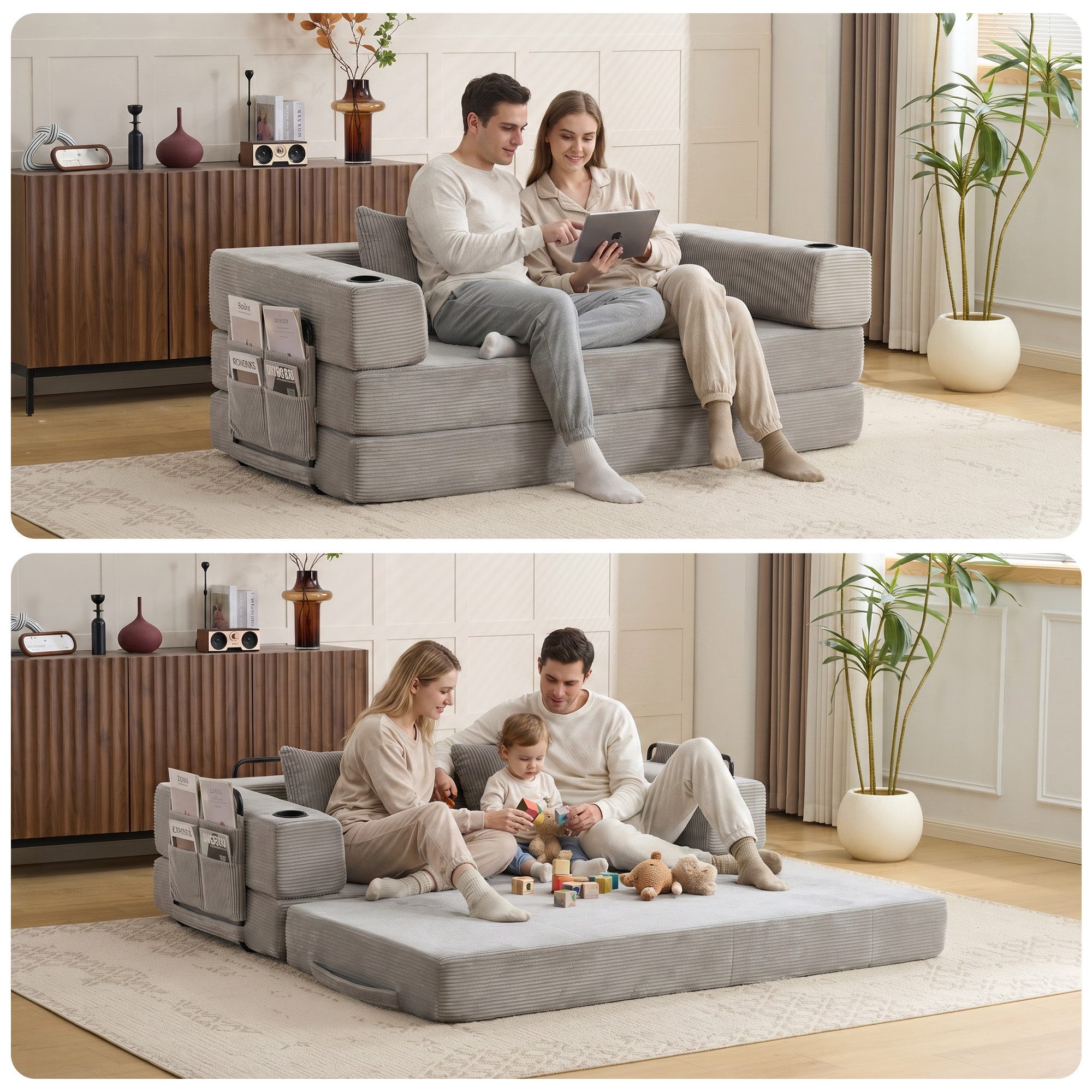 Vankel Loungebett Sofas Wohnzimmer, Sofa mit Schlaffunktion aus Cord mit Cupholder, Faltbares Schlafsofa mit Seitentaschen, Cupholdern und ohne Montage