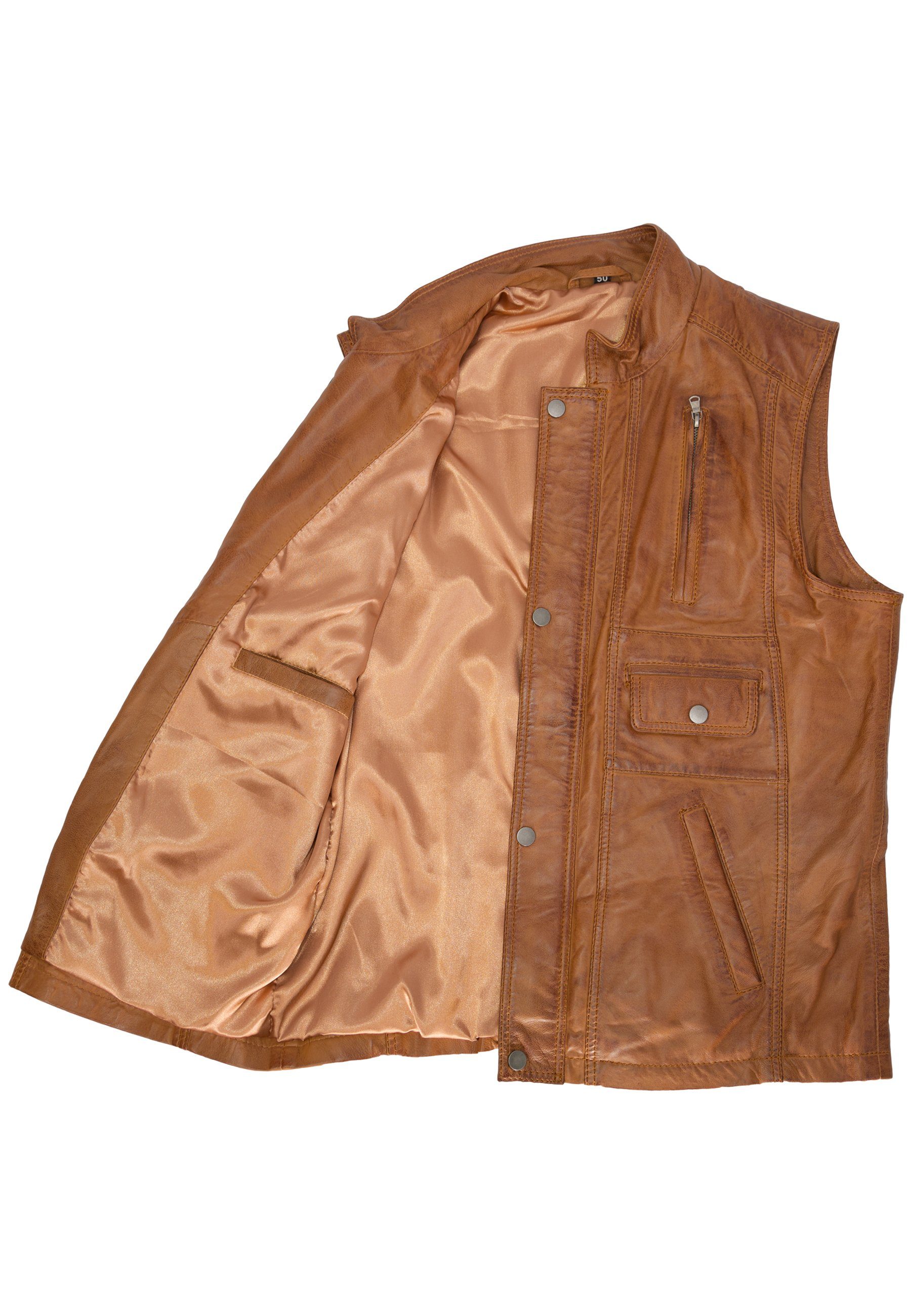 Lolus Lederweste Egon cognac Herren lange Lederweste aus weichem Lammnappa Leder mit Stehkragen