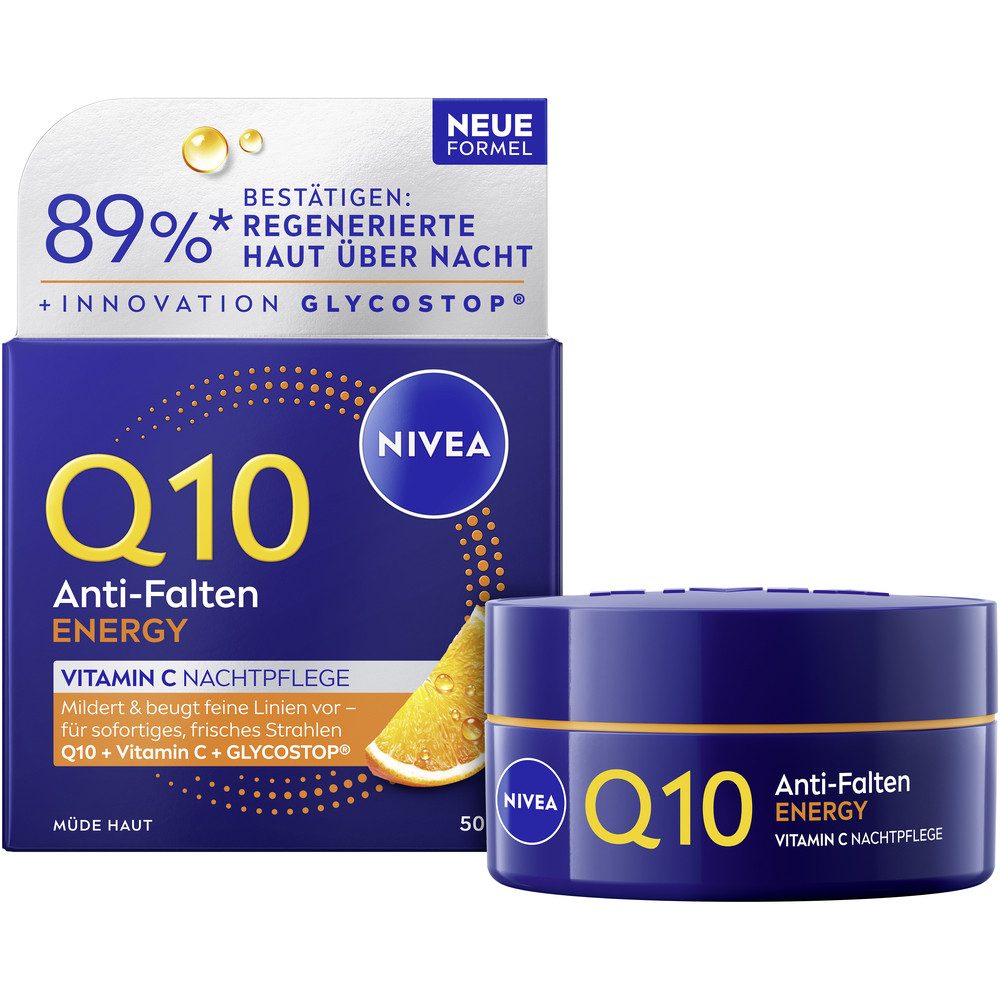Nivea Nachtcreme Q10 ANTI-FALTEN ENERGY VITAMIN C NACHTPFLEGE, wirkt gezielt gegen Stress-Anzeichen (Linien, fahler Teint)
