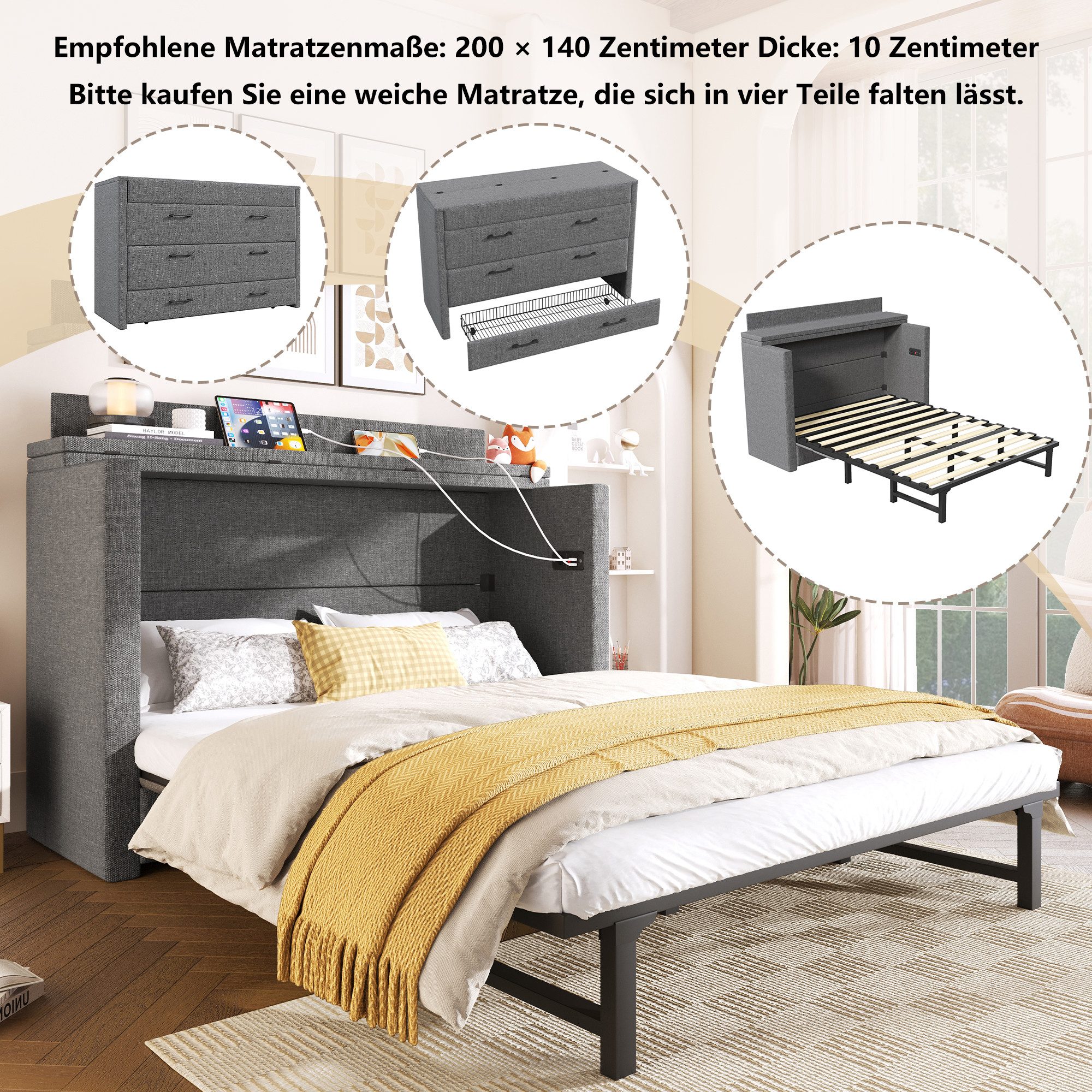 Odikalo Schrankbett Polsterbett Einzelbett 140x200 mit Schublade und USB (Mit einer Schublade,Mobiles Schrankbett mit Ablagefach am Bett, mit USB- und Typ-C-Anschlüssen, Umbaubares Plattformbett, Ohne Matratze,Leinen, Beige) /gray
