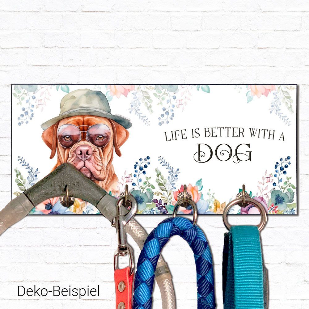 Hundezubehör handgefertigt, mit abgeschrägten Cadouri Wandboard (Garderobe Ecken, DOGGE MDF, 4 - Haken), für BORDEAUX Hundebesitzer Hundegarderobe mit Wandgarderobe für