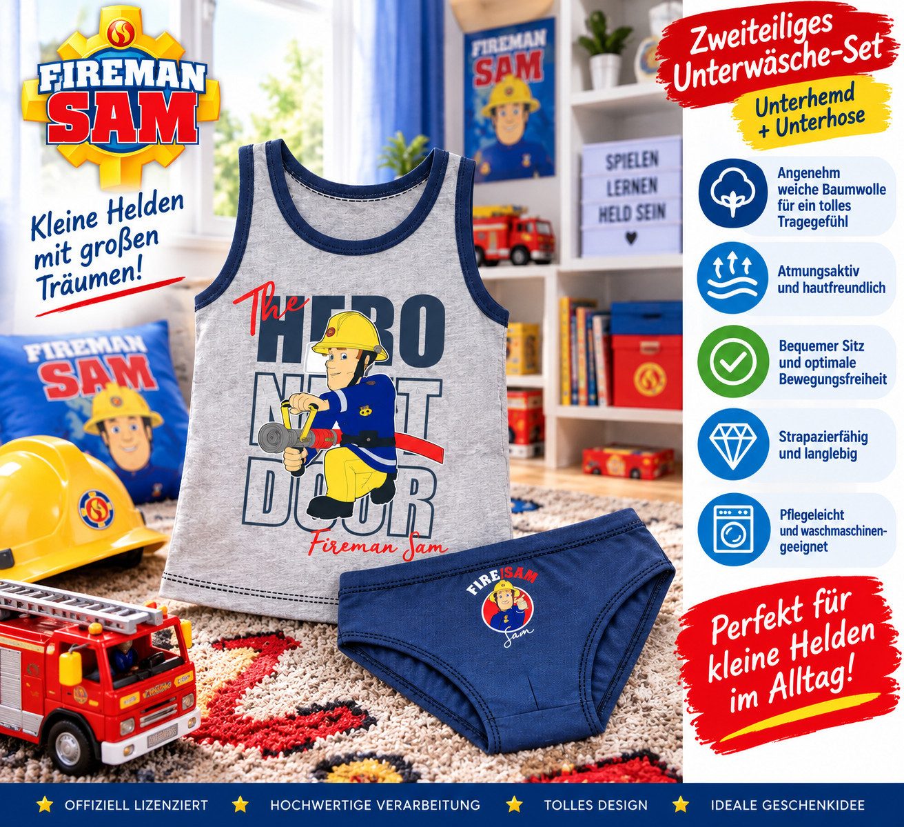 Feuerwehrmann Sam Hemd & Hose Feuerwehrmann Sam Jungen Unterhemd + Slip Set 2 - 7 Jahre (Set) Dopperpack Kinderunterwäsche – Bild 2 von 4