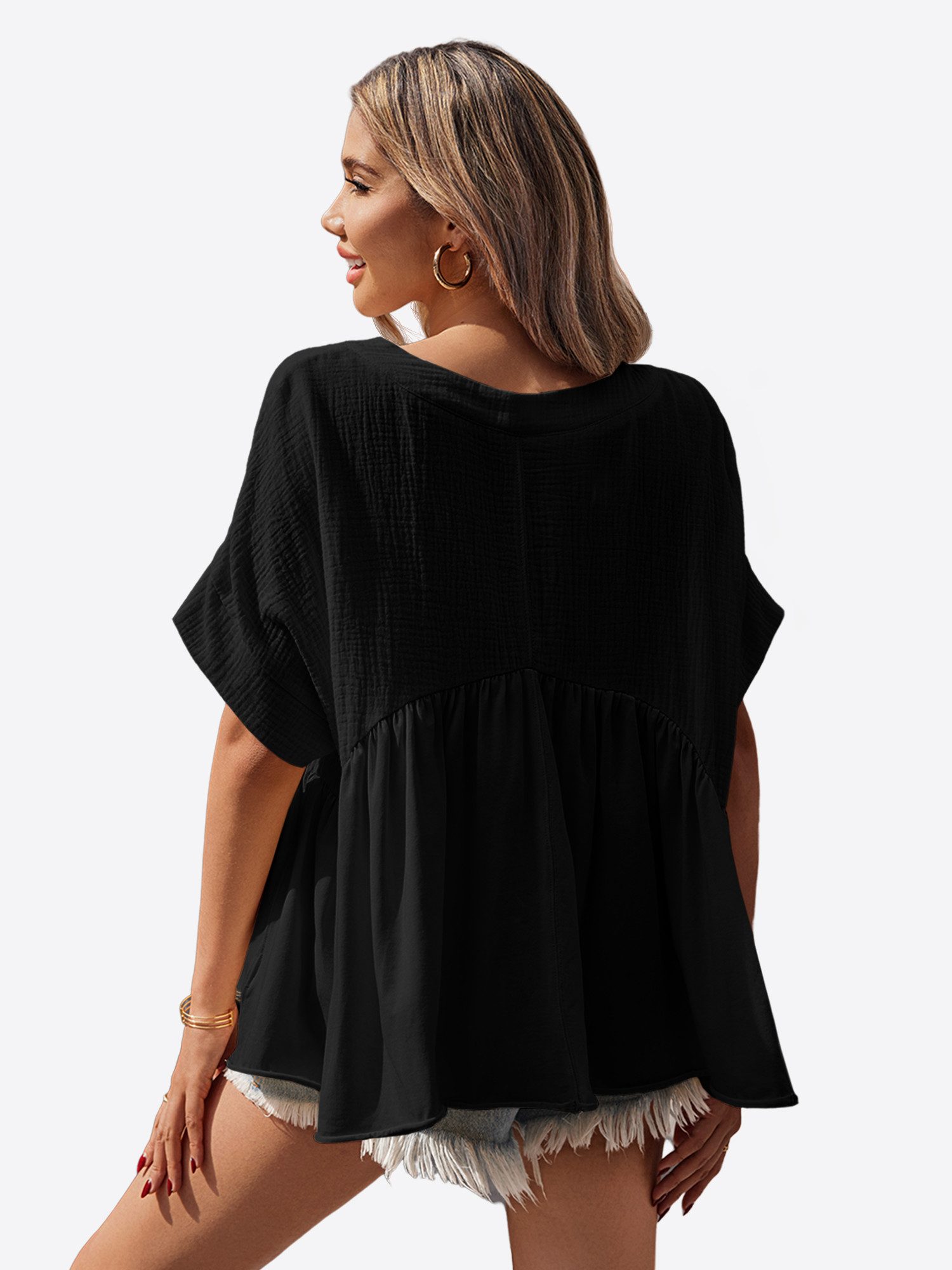 Imily Bela Rüschenbluse Damen V-Ausschnitt geraffter Saum Lässig Sommer Obe günstig online kaufen