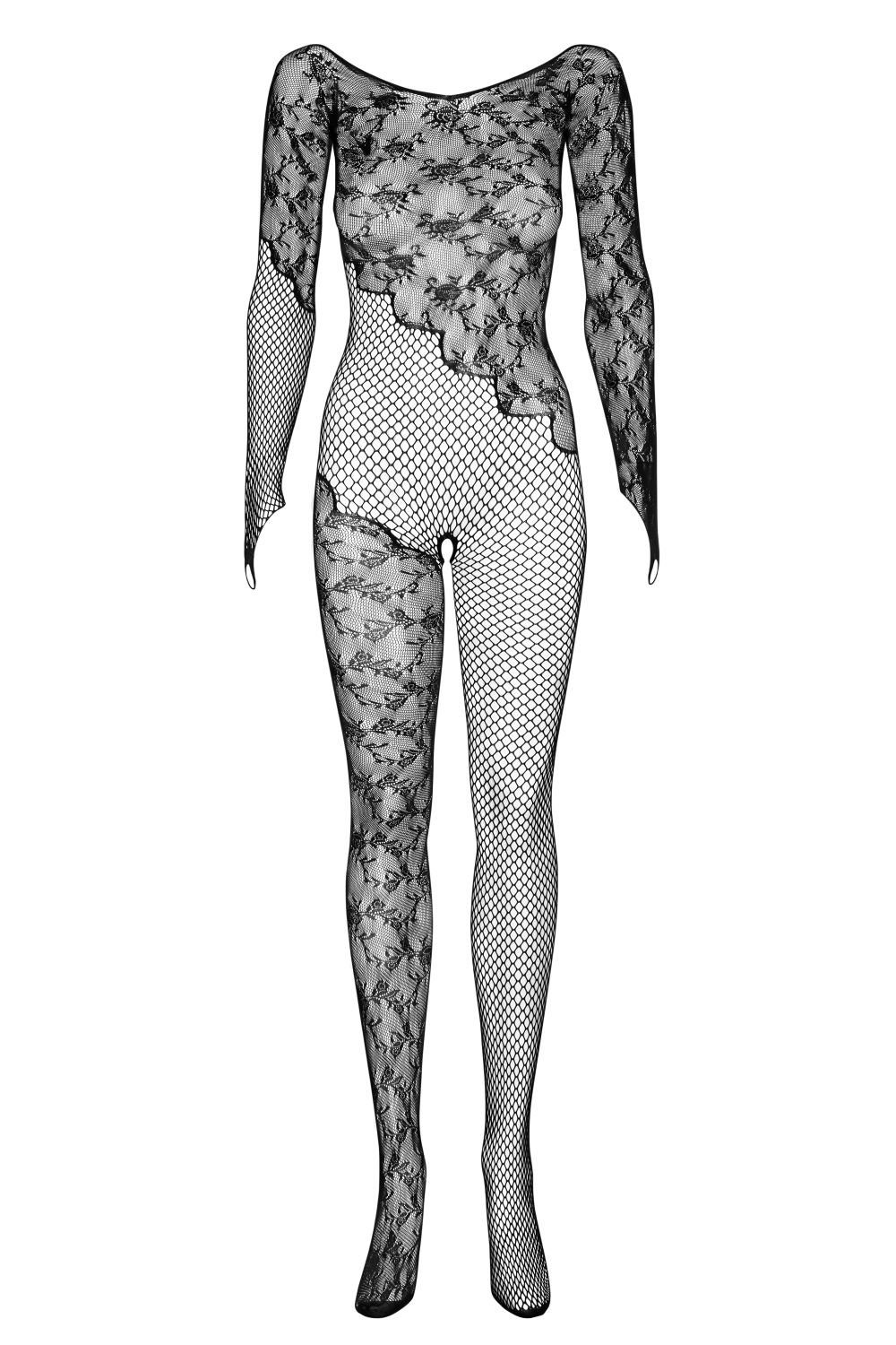 Obsessive Bodystocking Catsuit schwarz offen Bodystocking transparent Blumenmuster langarm 20 DEN (1 St)