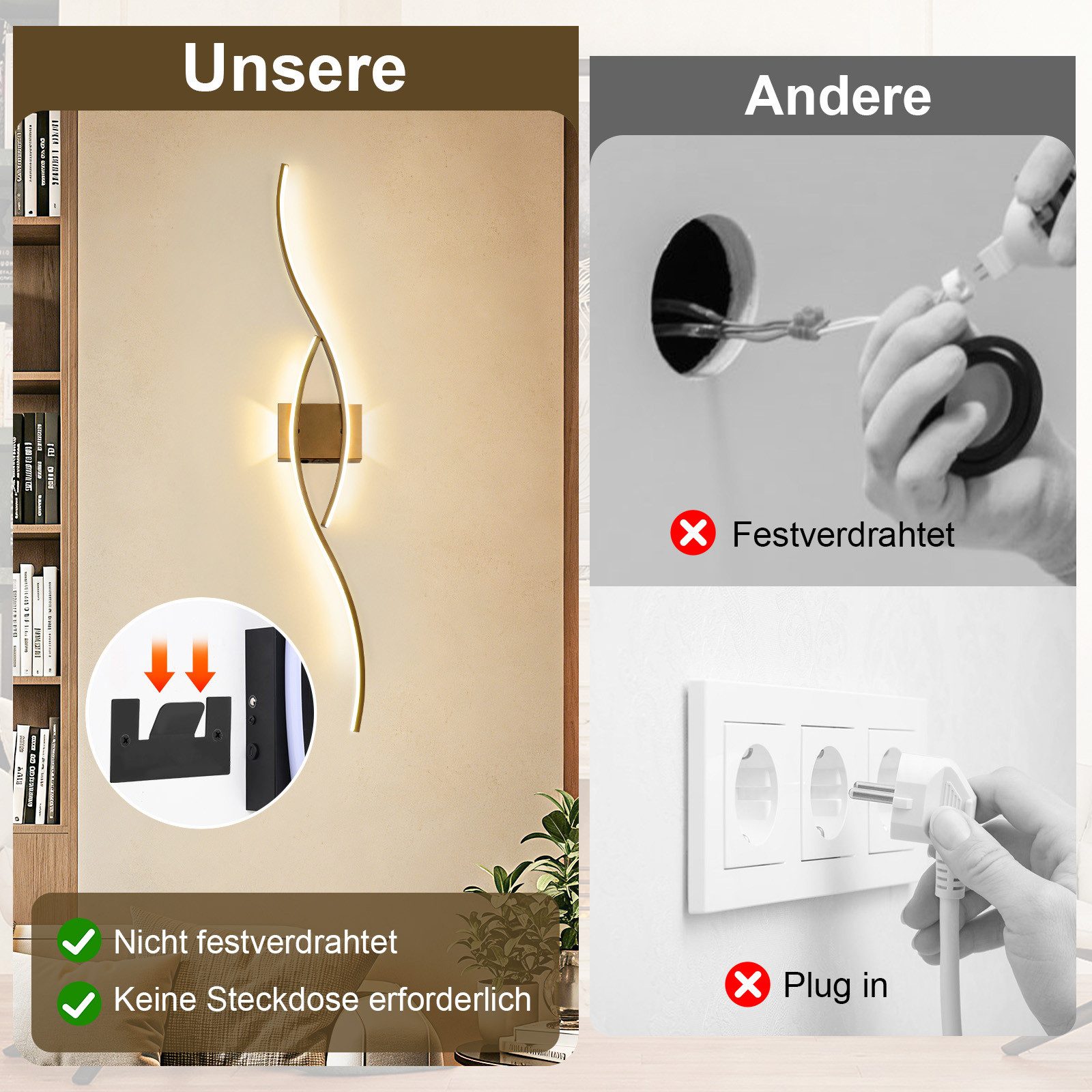 Rosnek Wandleuchte Modern Wandleuchte, Warmweiß, dimmbar, Akku, Memory, Sanfter Nachtlichtmodus, Hyperbolisches Design, für Schlaf- & Wohnraum