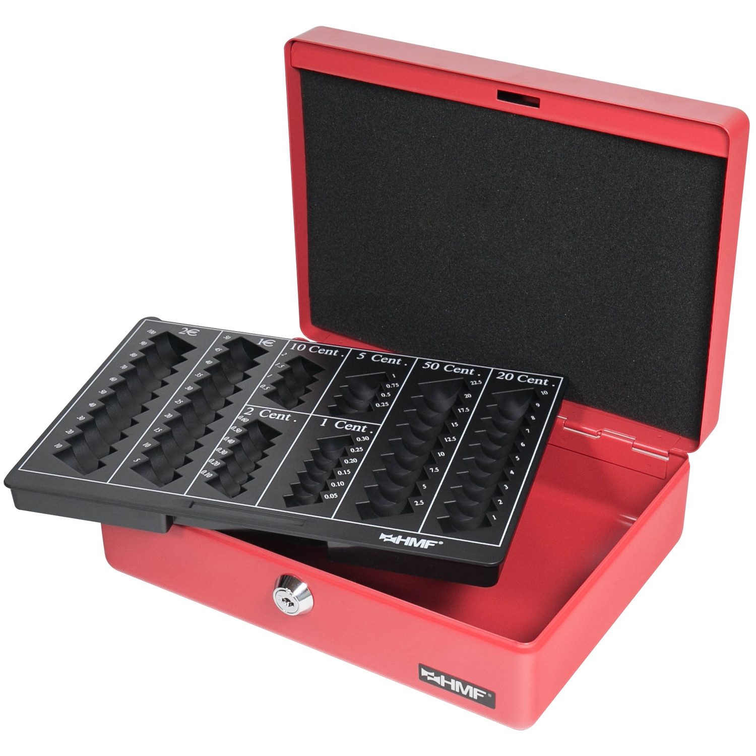HMF Geldkassette Abschließbare Bargeldkasse mit Euro-Münzzählbrett, hochwertige Geldbox mit Schlüssel, 25 x 18 x 9 cm, rot – Bild 3 von 5