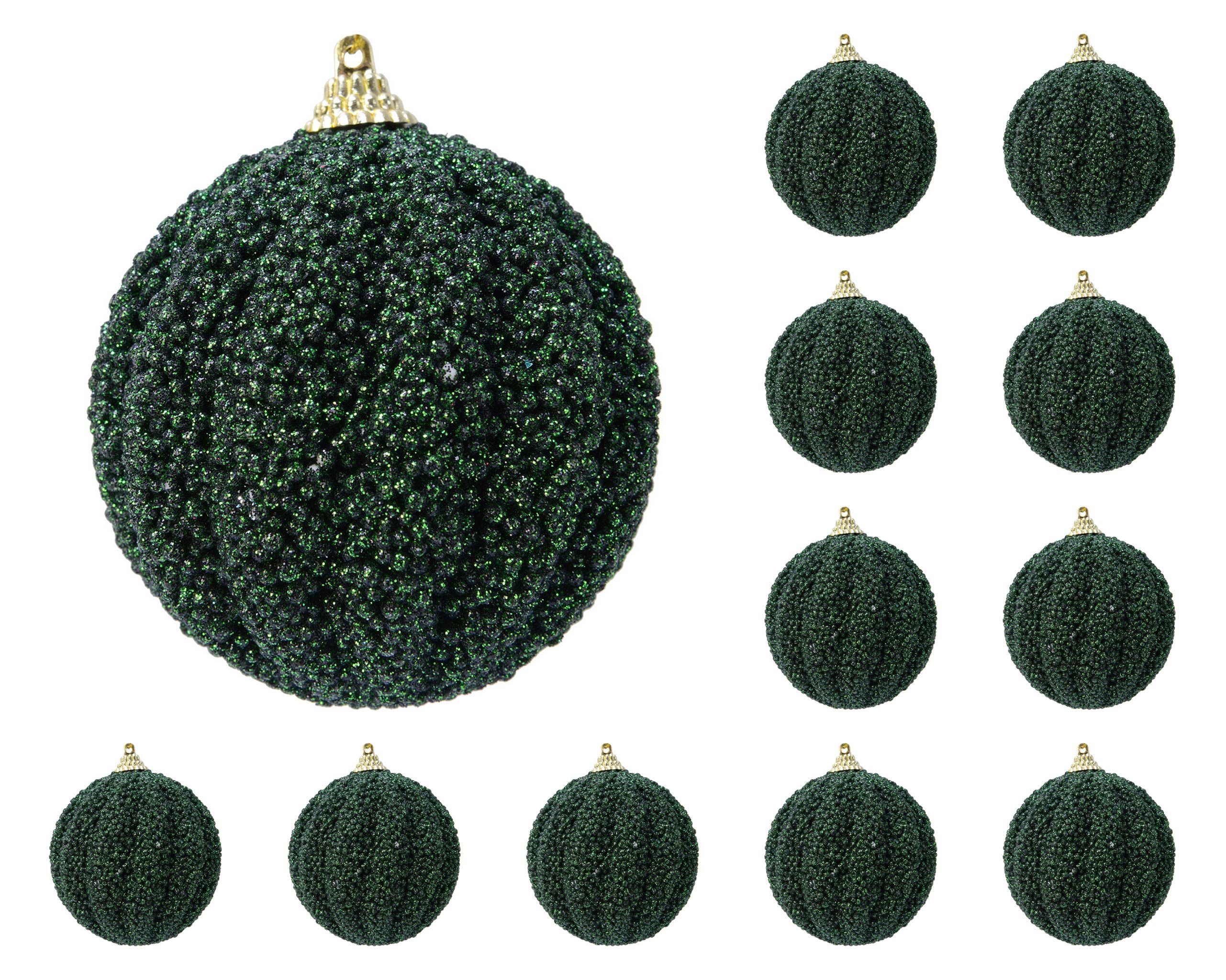 Kaemingk Weihnachtsbaumkugel, Weihnachtskugeln Kunststoff 8cm Glitzer geriffelt 12er Set Piniengrün