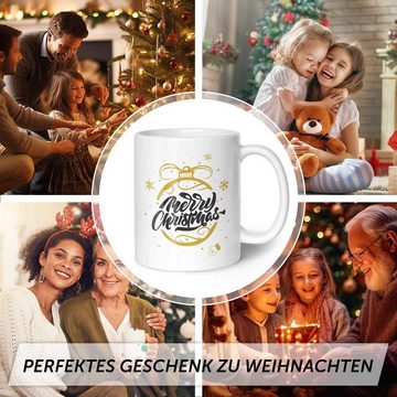 GRAVURZEILE Tasse mit Weihnachtsmotiv - Geschenke für Frauen & Männer zu Weihnachten, Spülmaschinenfest - Weihnachtskugel Gold - Weiß