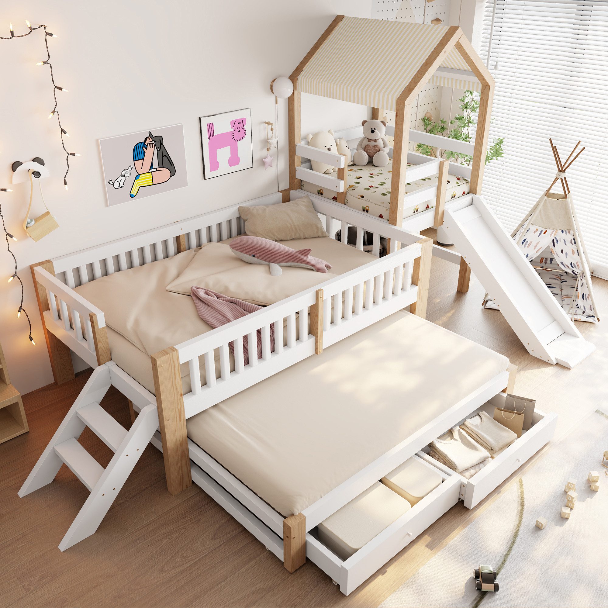 Flieks Kinderbett, Massivholzbett 90x200cm mit Ausziehbett 90x190cm, Rutsche, Schubladen