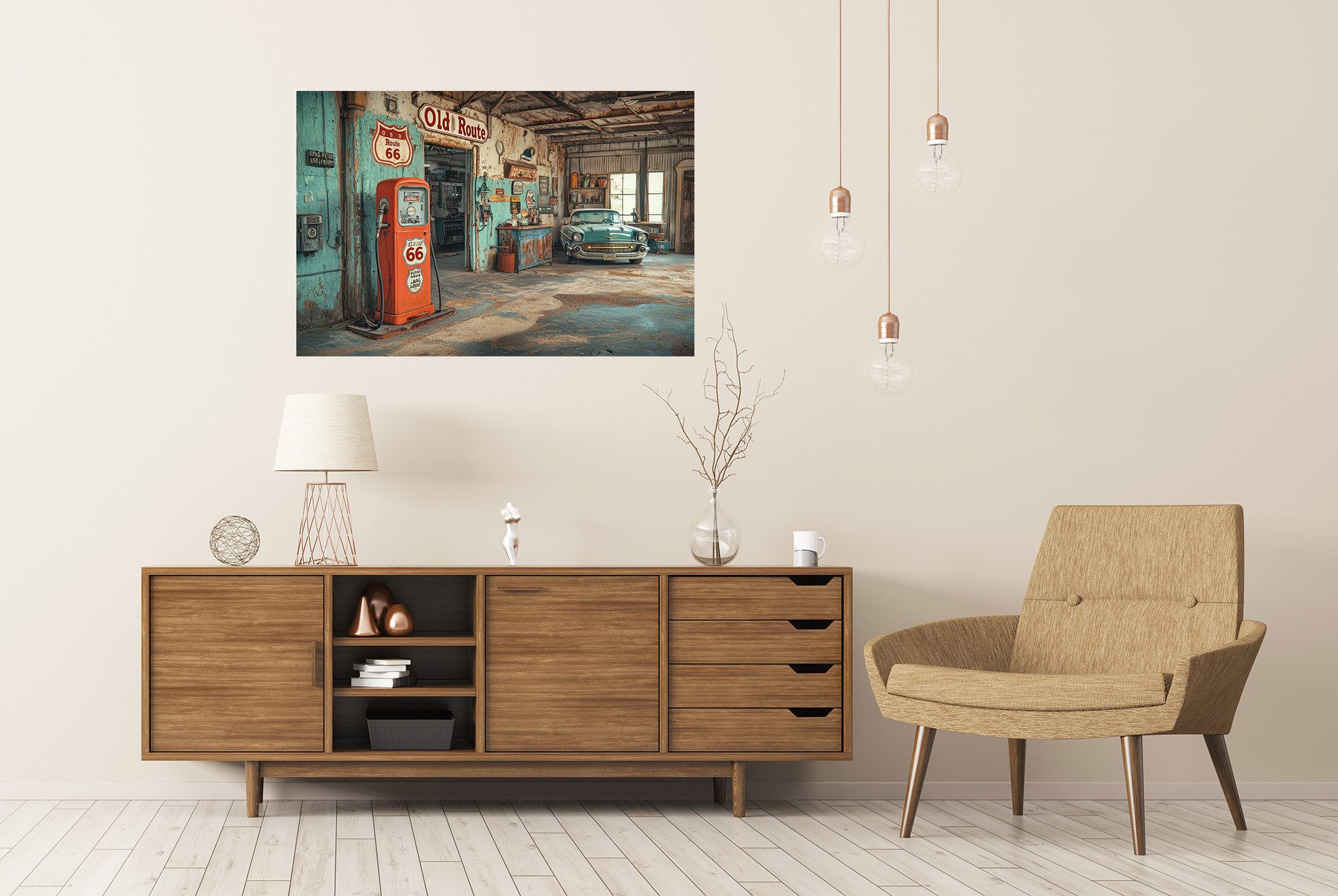 islandburner Poster Klassische Route 66 Tankstelle und Oldtimer Wandbild günstig online kaufen