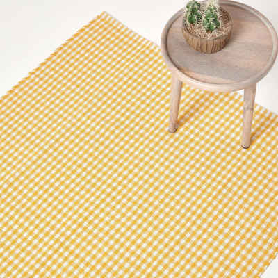 Teppich Gelb-weiß karierter handgewebter Teppich aus Baumwolle, 60 x 90 cm, Homescapes, Höhe: 20 mm