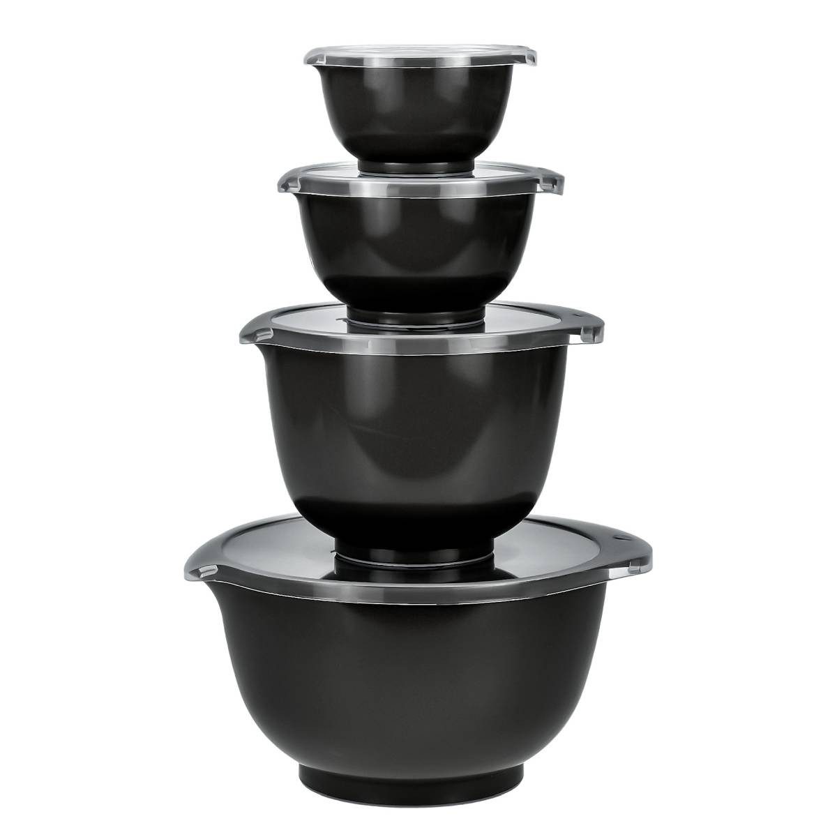 ROSTI Rührschüssel "Margrethe New" 0,25 + 0,5 + 1,5 und 3 Liter Set mit Deckel, Kunststoff, (Spar-Set, 4-tlg), spülmaschinenfest, auch für Mikrowelle und Gefrierschrank (schwarz)