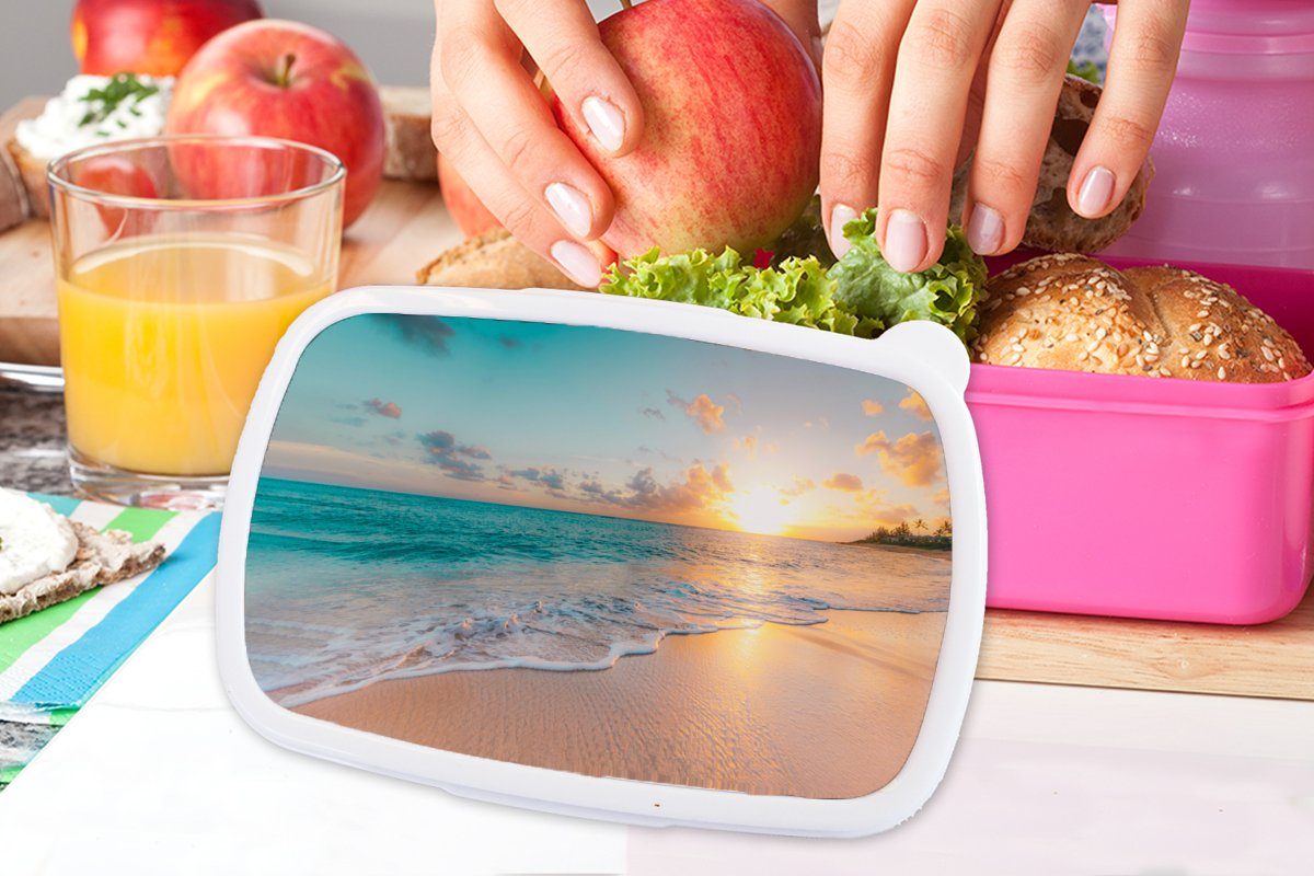 Brotdose Snackbox, Brotbox - (2-tlg), Meer rosa Kunststoff Lunchbox Erwachsene, für Blau, Strand Kinder, - Kunststoff, - Sonnenuntergang Sommer MuchoWow - Mädchen,