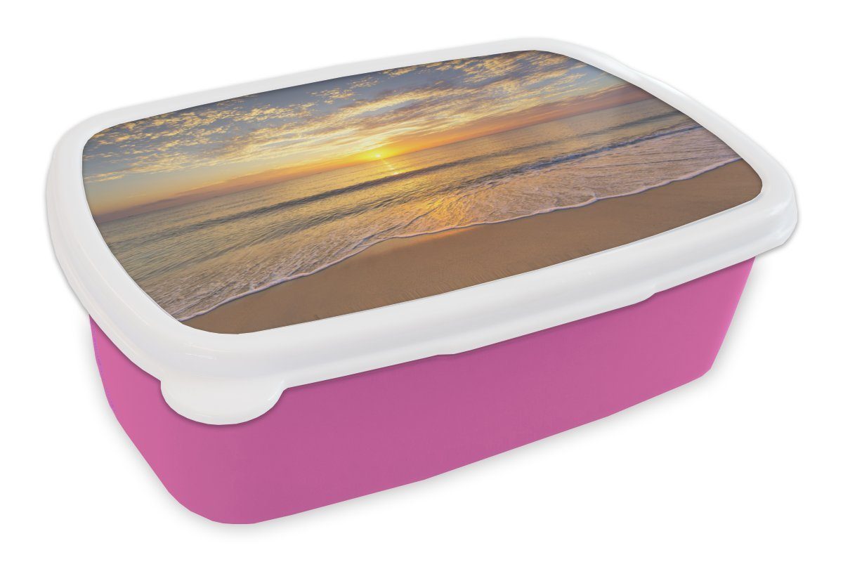 MuchoWow Lunchbox Strand - Sonnenuntergang - Meer, Kunststoff, (2-tlg), Brotbox für Erwachsene, Brotdose Kinder, Snackbox, Mädchen, Kunststoff rosa