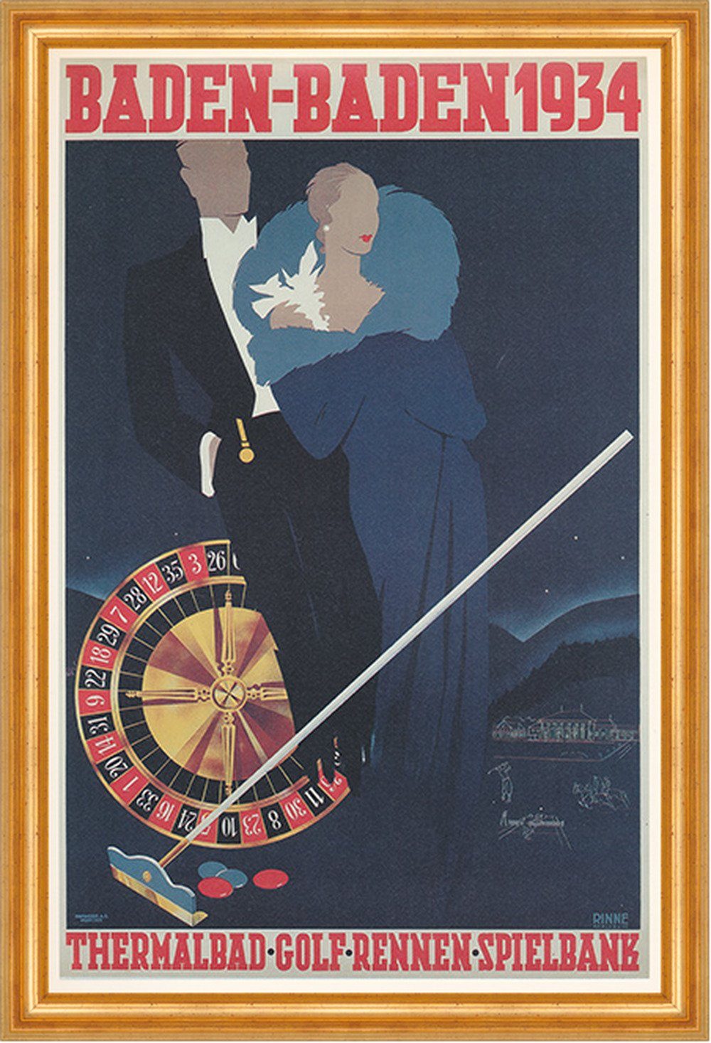 Kunstdruck Baden Baden 1934 Thermalbad Golf Rennen Kunstdruck Werbung 004 Gerahmt