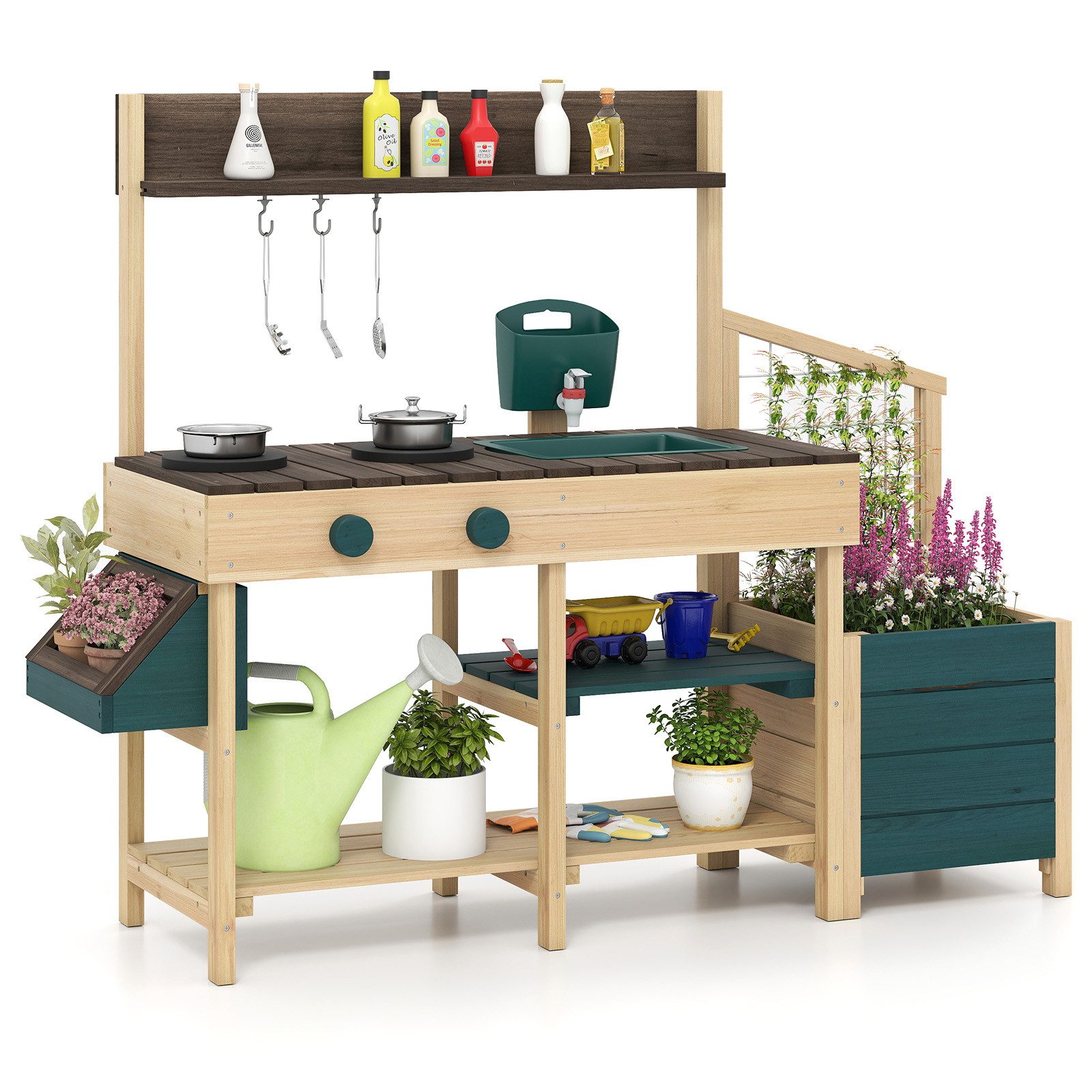 COSTWAY Outdoor-Spielküche Holz, Kinderküche mit Pflanzkasten & Rankgitter, günstig online kaufen