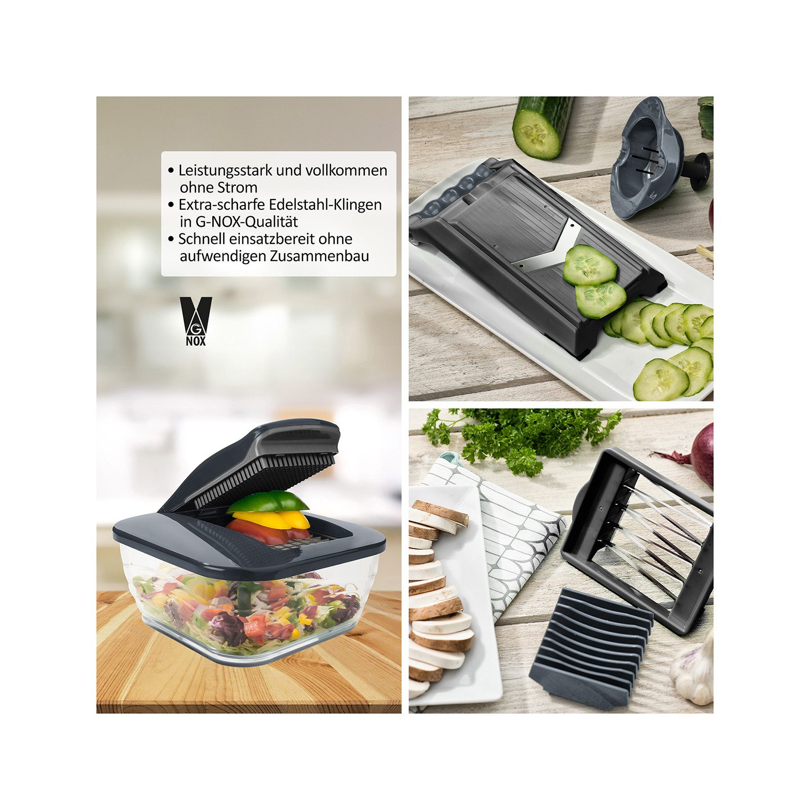 Genius Gemüseschneider Nicer Dicer Chef Gemüseschneider 15.tlg, Gemüsehobel Zwiebelschneider, ultra-scharfen G-NOX Edelstahl-Klingen, extra-große Schneidfläche