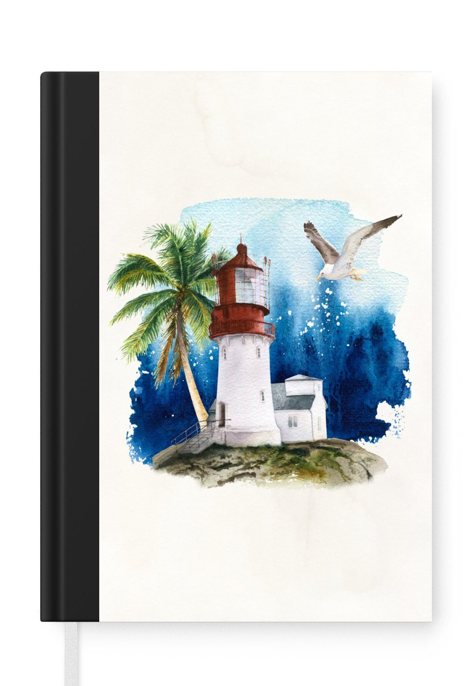 MuchoWow Notizbuch Aquarell - Leuchtturm - Palme, Journal, Merkzettel, Tagebuch, Notizheft, A5, 98 Seiten, Haushaltsbuch