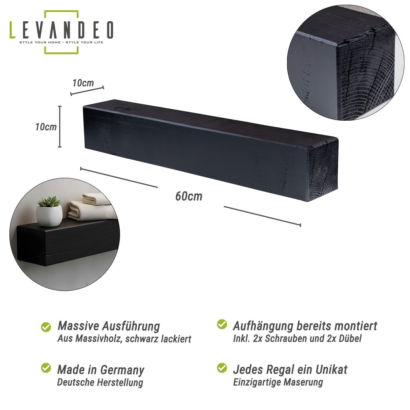 Levandeo® Wandregal, levandeo Wandregal Holz Massiv 60x10cm Schwarz Wandboard Regal