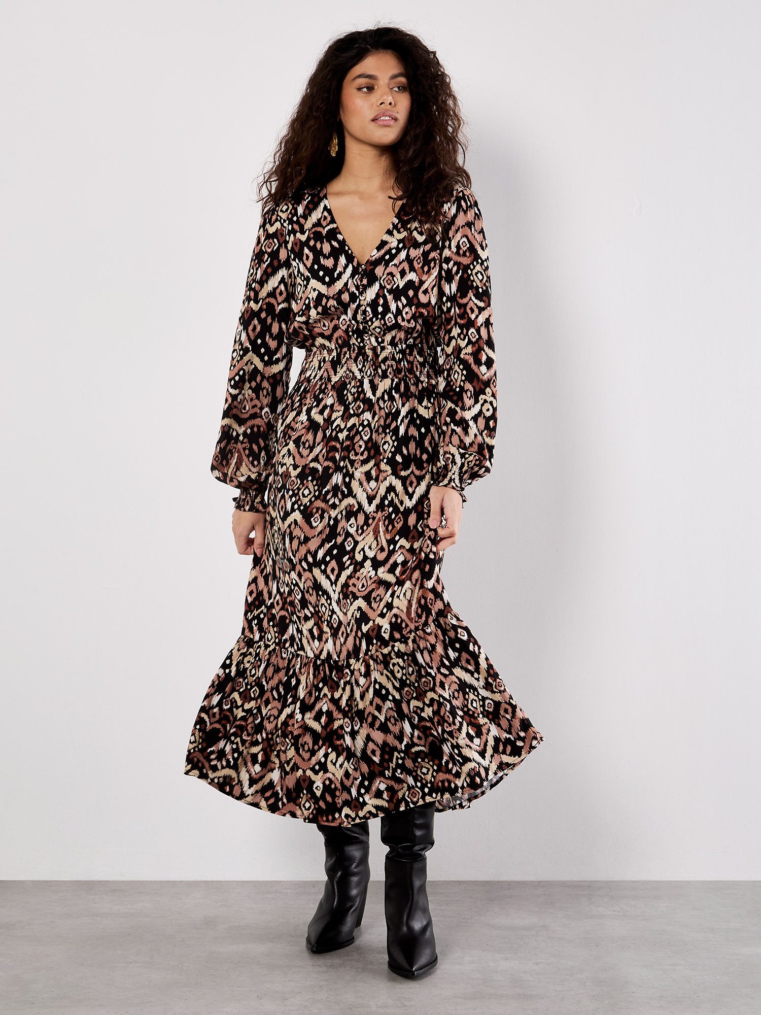 Apricot Druckkleid Midaxikleid, mit Smokdetails günstig online kaufen