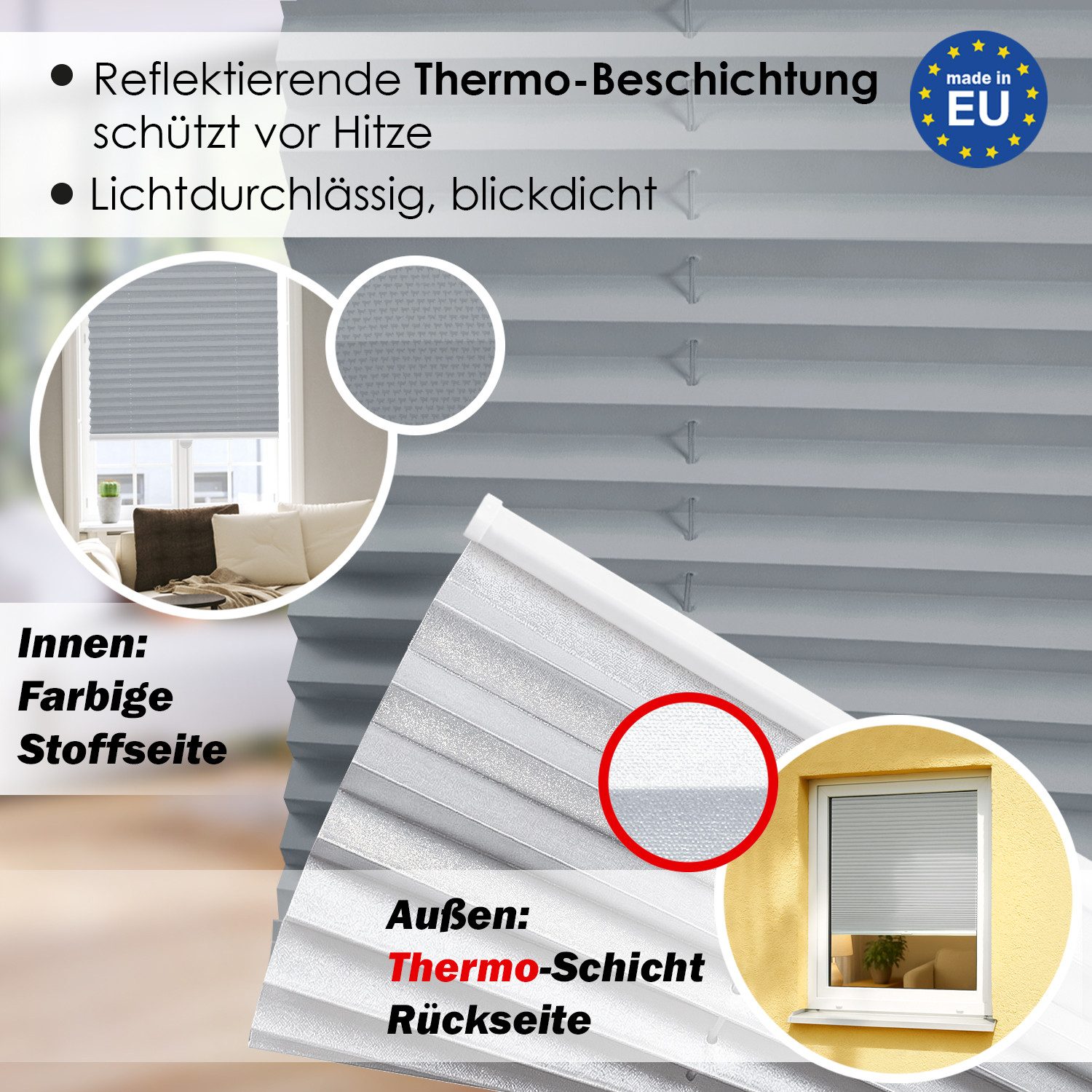 DomDeco Plissee Premium Thermo Plissee ohne Bohren, Sichtschutz, lichtdurchlässig, blickdicht, Klemmfix, Thermo-Wärmeschutz, verdunkelnd, blickdicht, Stufenlos