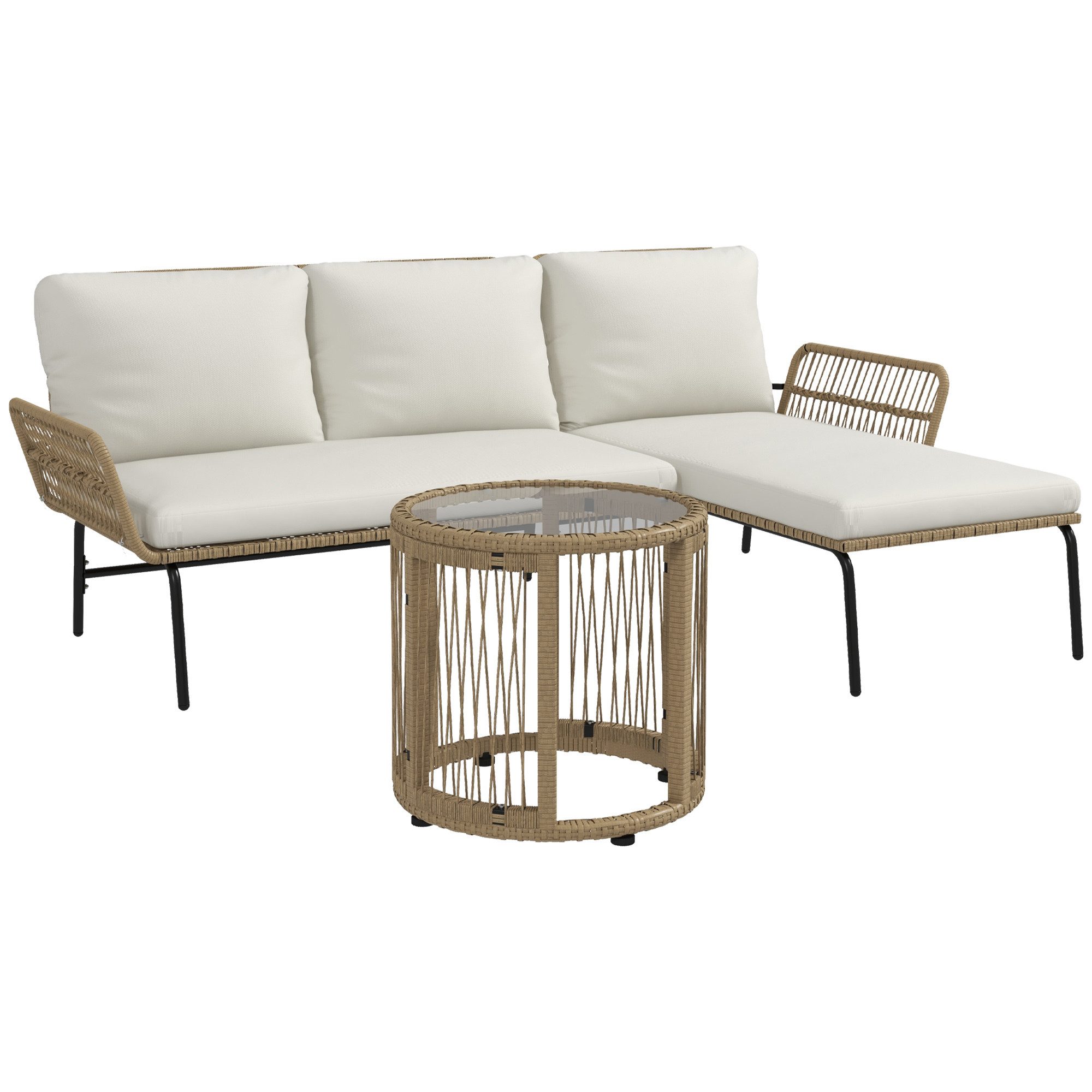 CHICFURN Sitzgruppe Rattan Gartenmöbel-Set mit Zweisitzer, Liegestuhl und Couchtisch, (Set, 3-tlg., Inkl. Cremefarbene Sitzkissen, für Balkon und Terrasse geeignet), Leicht zu pflegen, wetterbeständig, modernes Design, Rattan/Creme