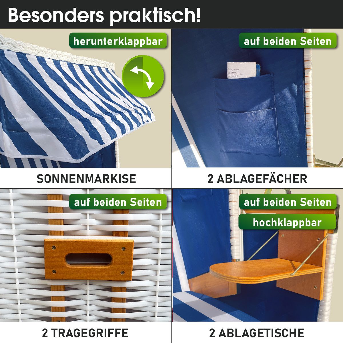 BRAST Strandkorb für 2 Personen, 120cm breit, 4 Designs, BxTxH: 120x79x150 cm, Volllieger, Norderney Deluxe, (verstellbare Rückenlehne weiches Fußkissen) – Bild 5 von 5