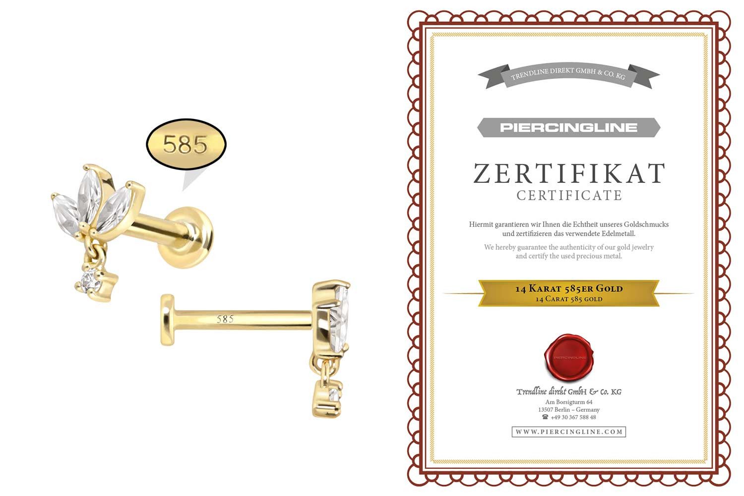PIERCINGLINE Piercing-Set 14 Karat Gold Labret mit Innengewinde MOISSANIT-LOTUSBLÜTE (Labrets, 1-tlg)