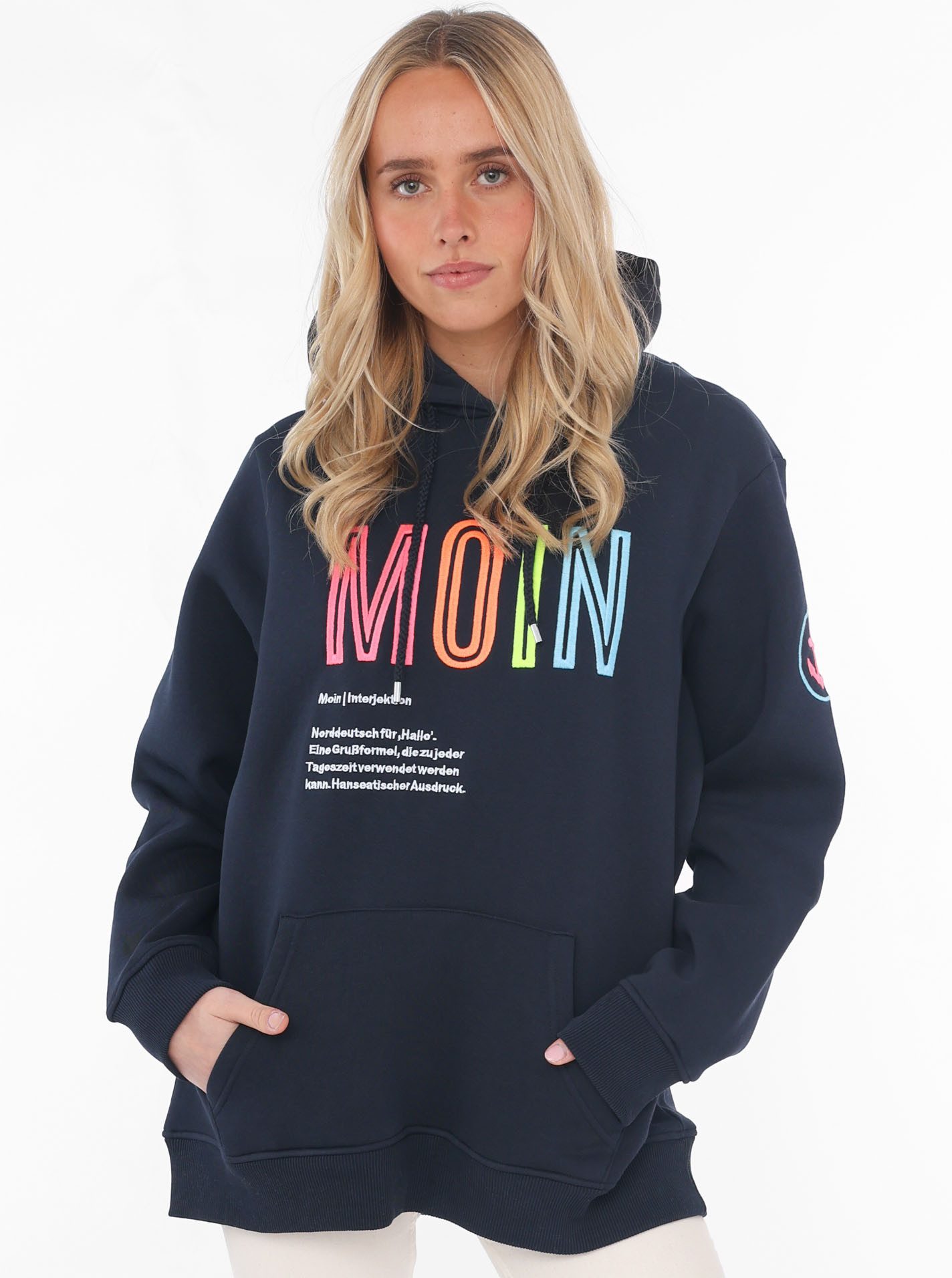 Zwillingsherz Sweat-Hoodie, mit aufgesticktem "MOIN"-Schriftzug in Neonfarb günstig online kaufen