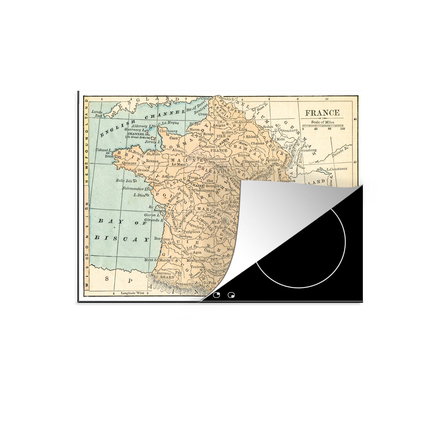 MuchoWow Herdblende-/Abdeckplatte Illustration einer antiken Karte des Landes Frankreich, Vinyl, (1 tlg), 70x52 cm, Mobile Arbeitsfläche nutzbar, Ceranfeldabdeckung | Herdabdeckplatten