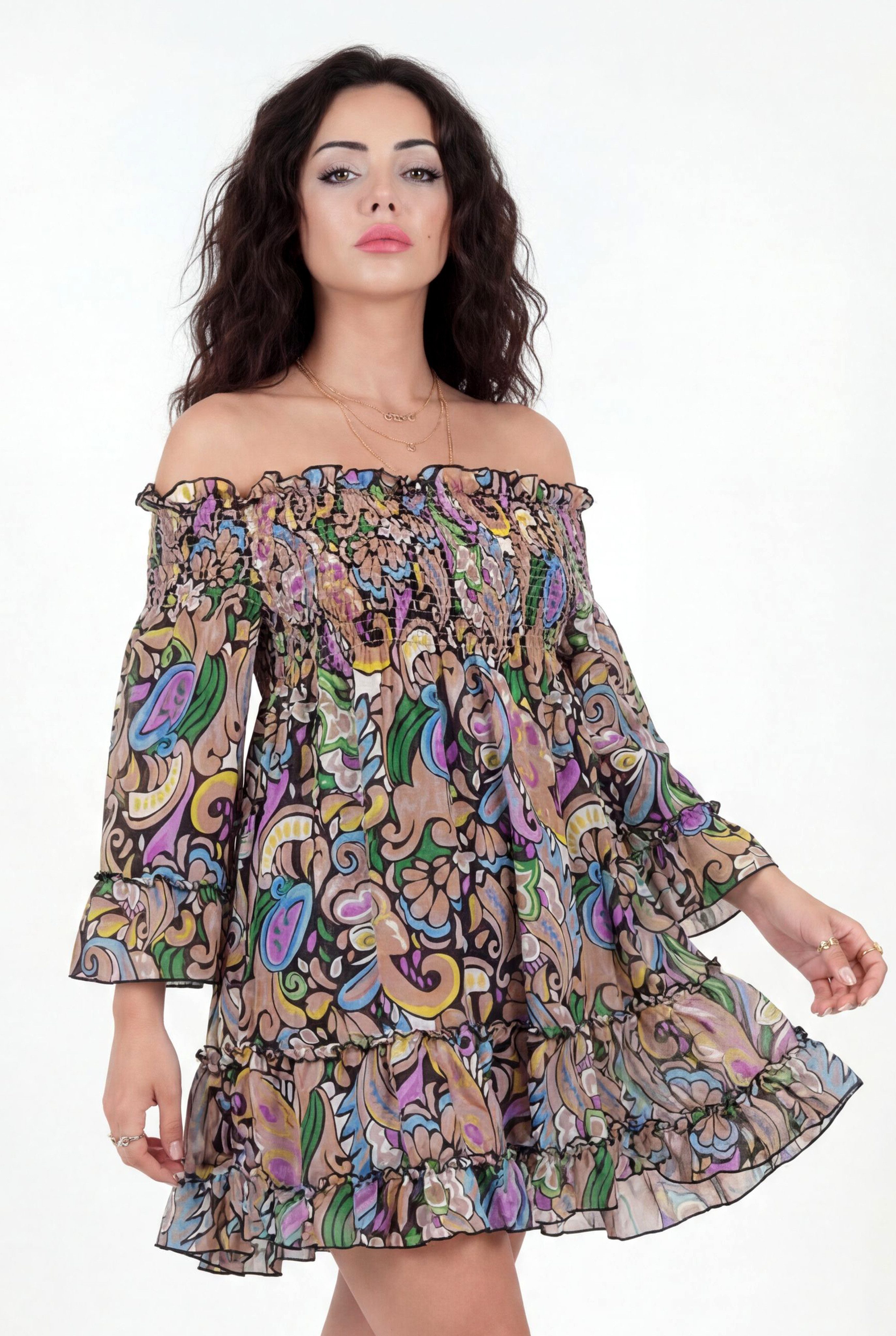 YC Fashion & Style Minikleid Off-Shoulder Kleid – Boho-Flair One Size (34-38) mit Alloverdruck