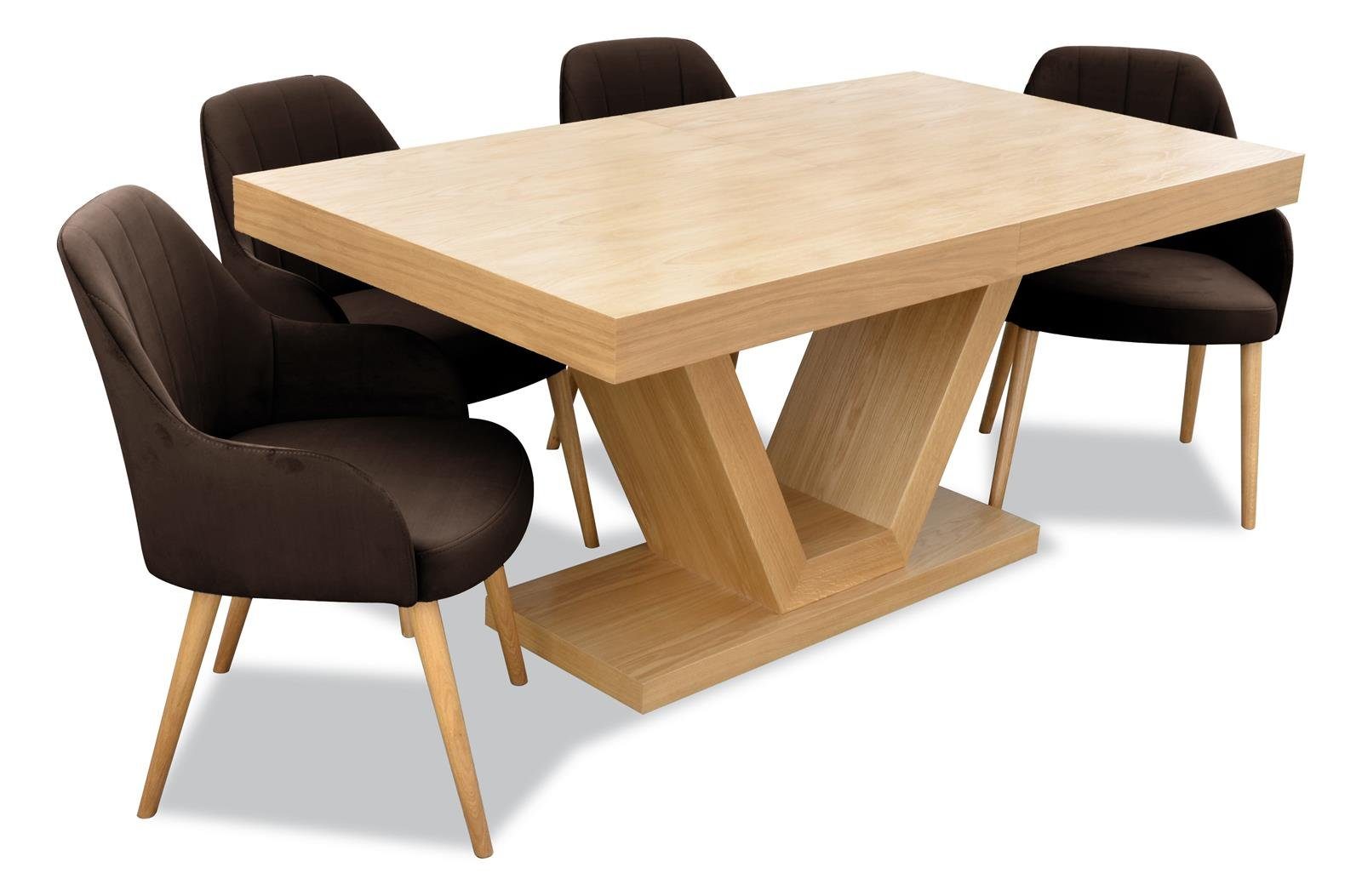 160 cm), Beautysofa Stühle (Eichenfurnier KLARA, Velourstoff mit modernes - Tischplatte Lack, 4x Set 210 06) (kronos + ausziehbare Braun mit Sitzgruppe mit gepolsterte