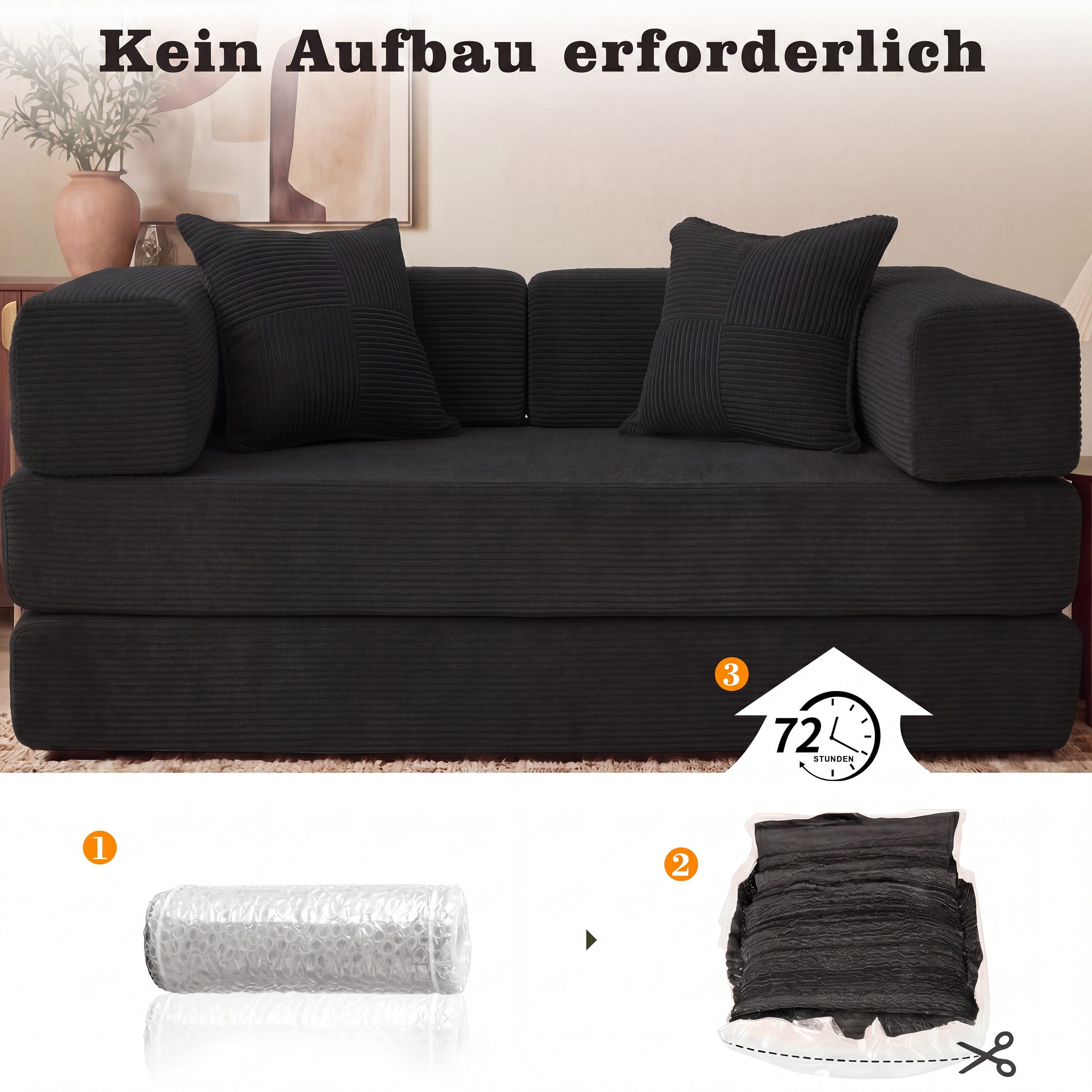 Vipbear Sofa 5-in-1 Wandelsofa aus Cord, Modulares Bodensofa, 1 Teile, montagefrei, Schwarz