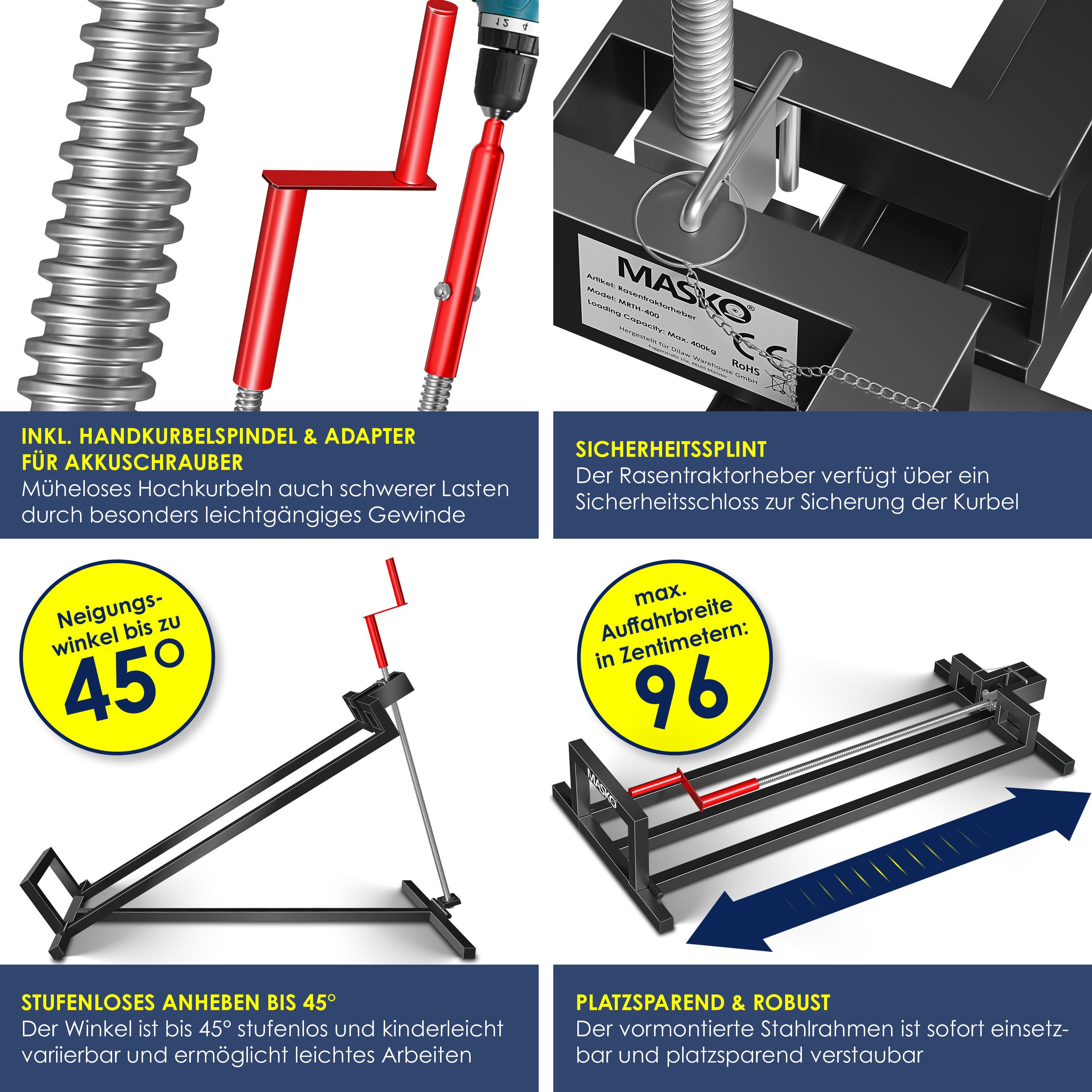 MASKO Rasentraktor Heber 450kg Hebevorrichtung für Aufsitzmäher mit Adapter inkl. Bürste, Rasentraktorheber, universelle Reinigungshilfe, Hebebühne für Quad