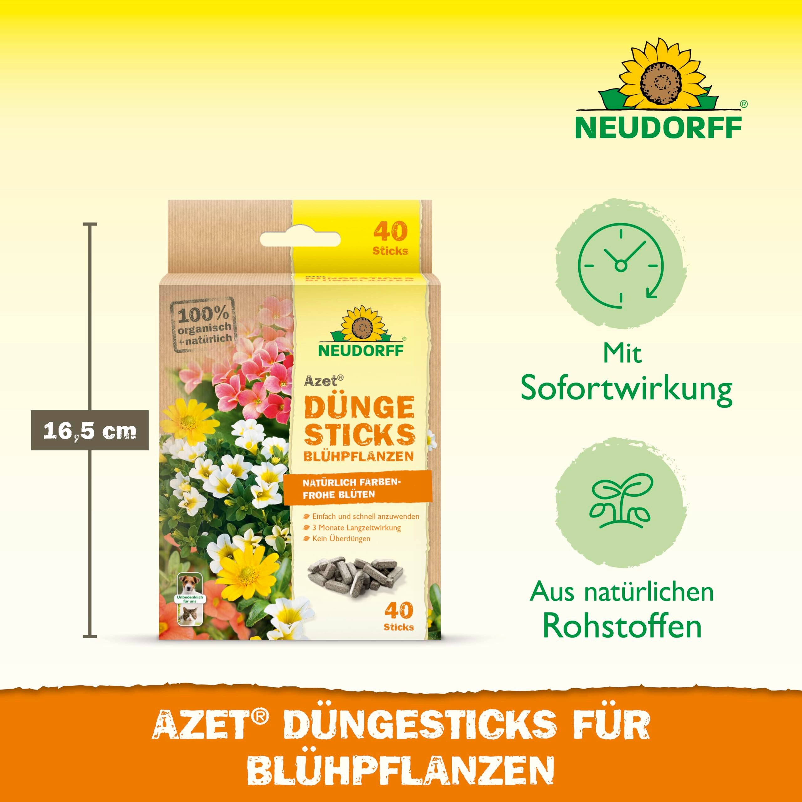 Neudorff Pflanzendünger Bio - Azet DüngeSticks für Blühpflanzen 40 Sticks, Bio Düngestäbchen für kräftiges Wachstum und vielen farbenfrohe Blüten, Düngestäbchen Zimmerpflanzen aus natürlichen Rohstoffen